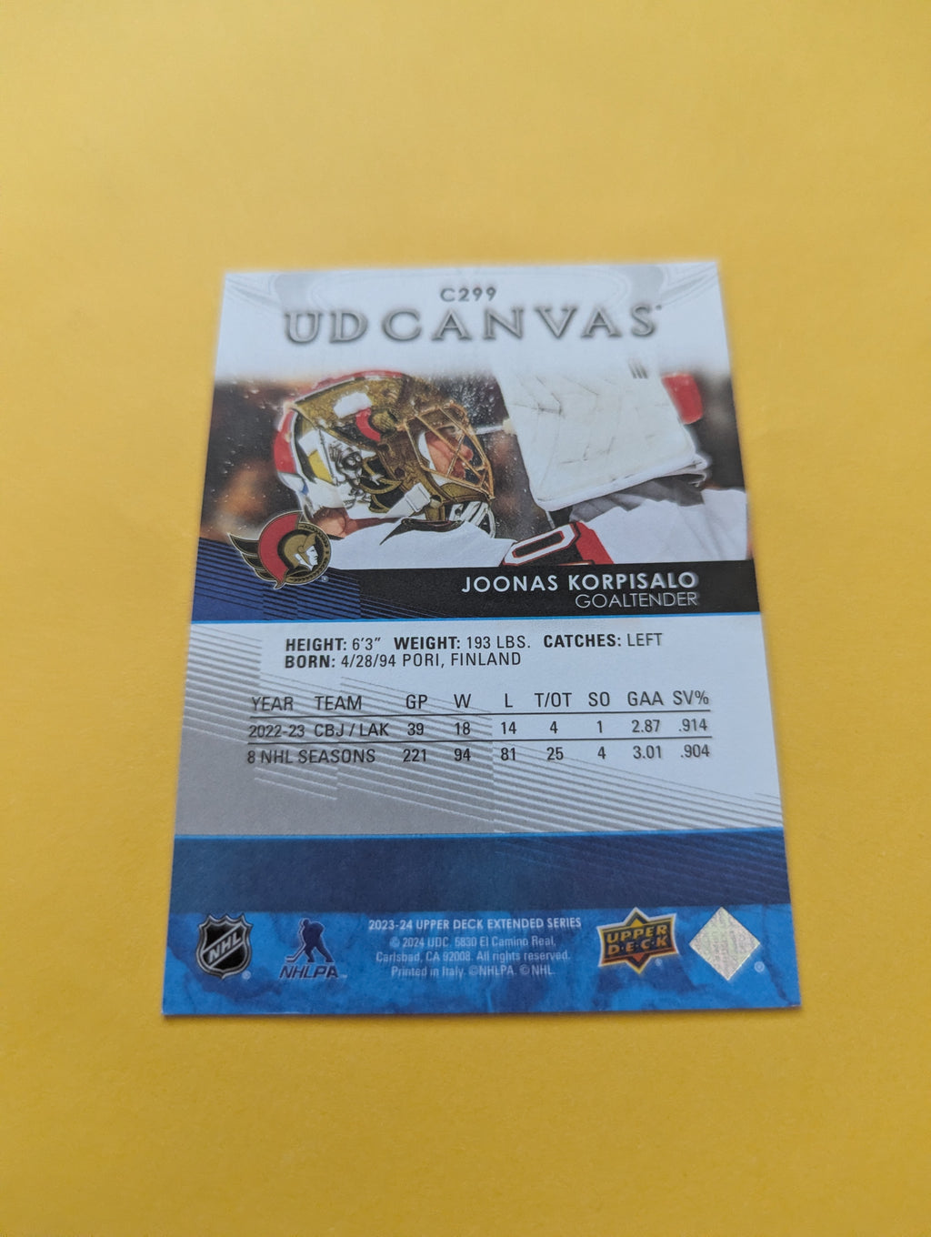 Joonas Korpisalo 23-24 Upper Deck UD Canvas Card