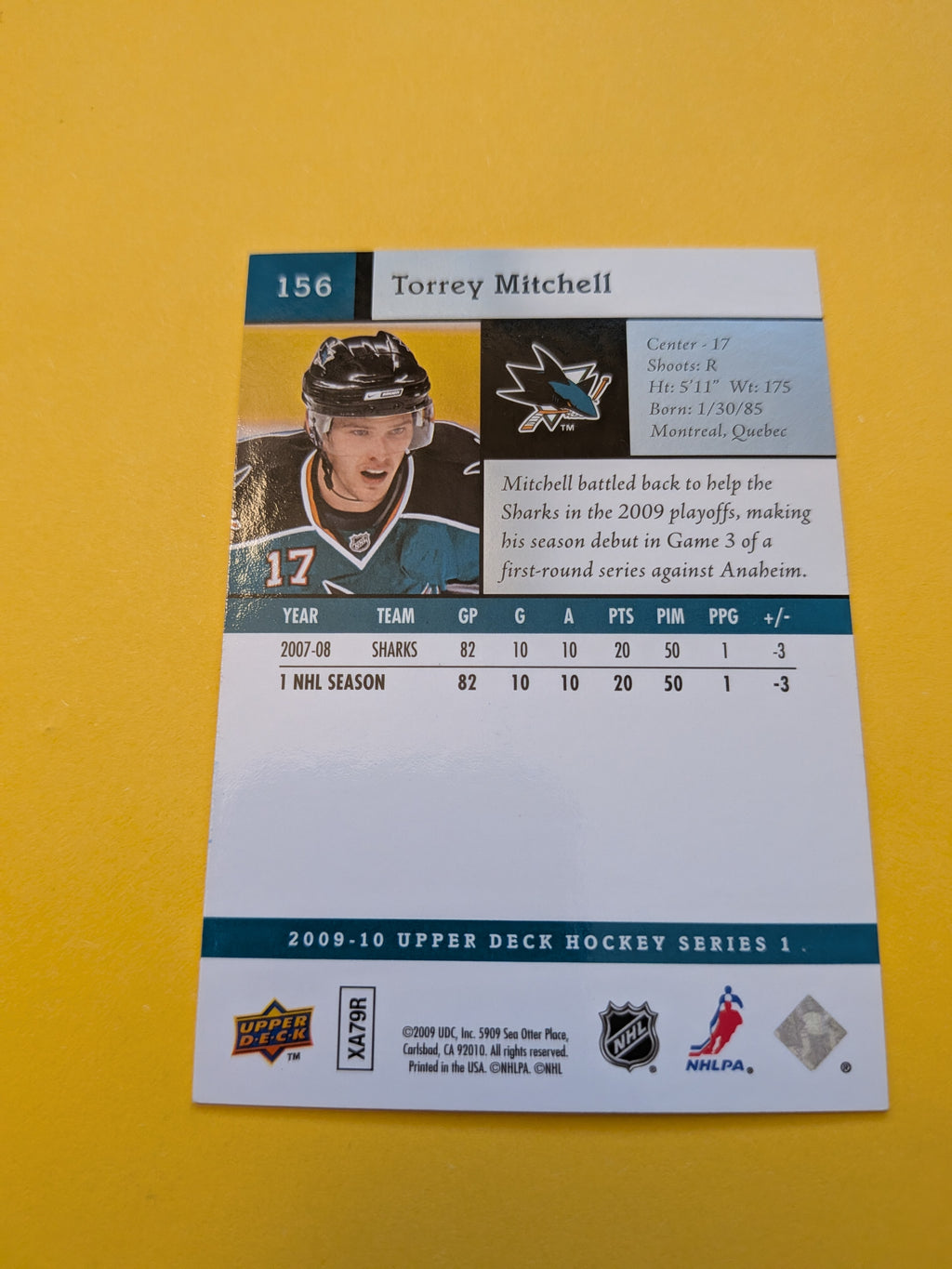 Torrey Mitchell Signed San Jose Sharks Card B