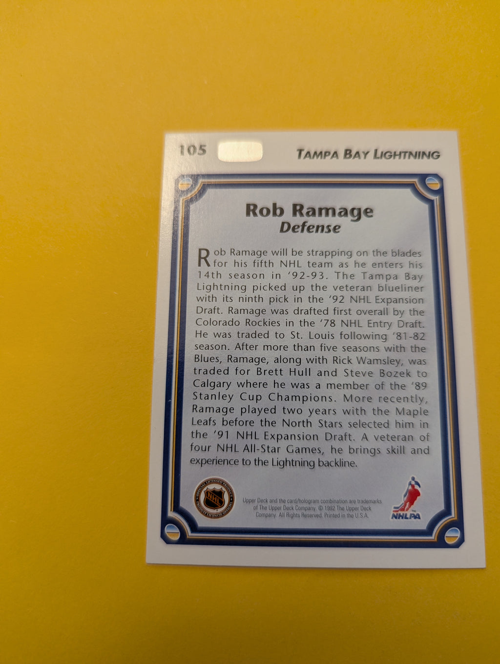 Rob Ramage Signed Tampa Bay Lightning Card