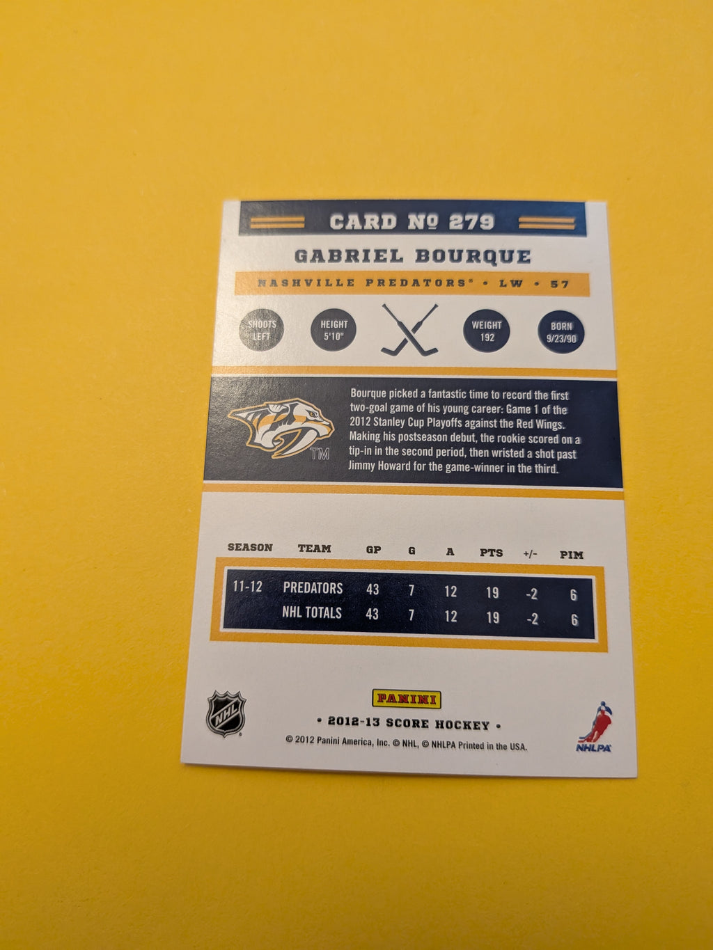 Gabriel Bourque Signed Nashville Predators Card A