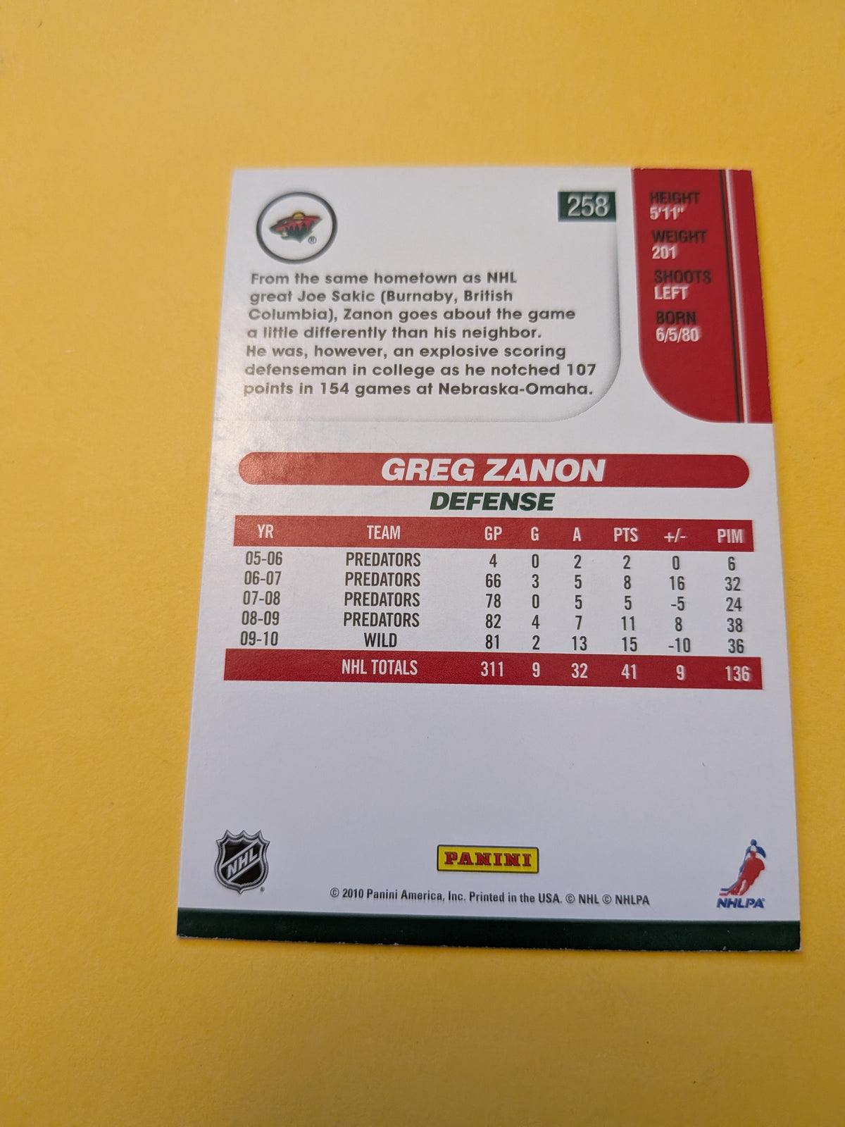 Greg Zanon Signed Minnesota Wild Card A