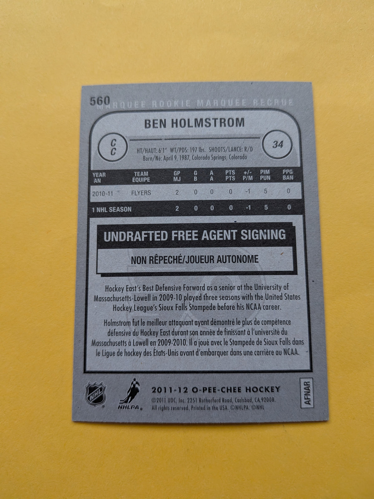 Ben Holmstrom Signed Philadelphia Flyers Rookie Card A