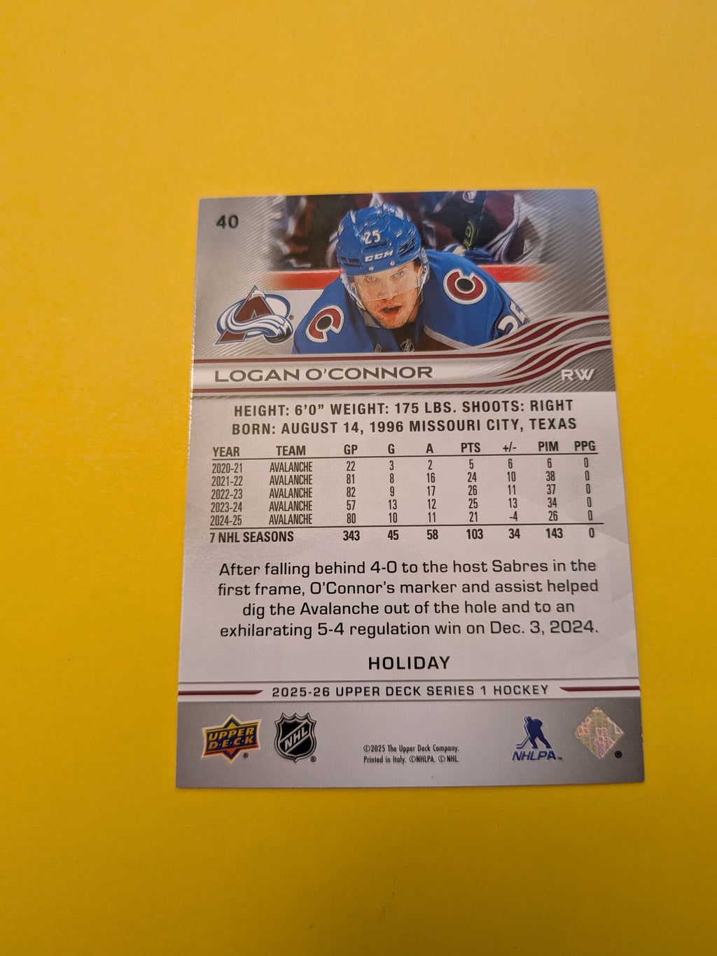 Logan O'Connor 25-26 Upper Deck Green Holiday Card