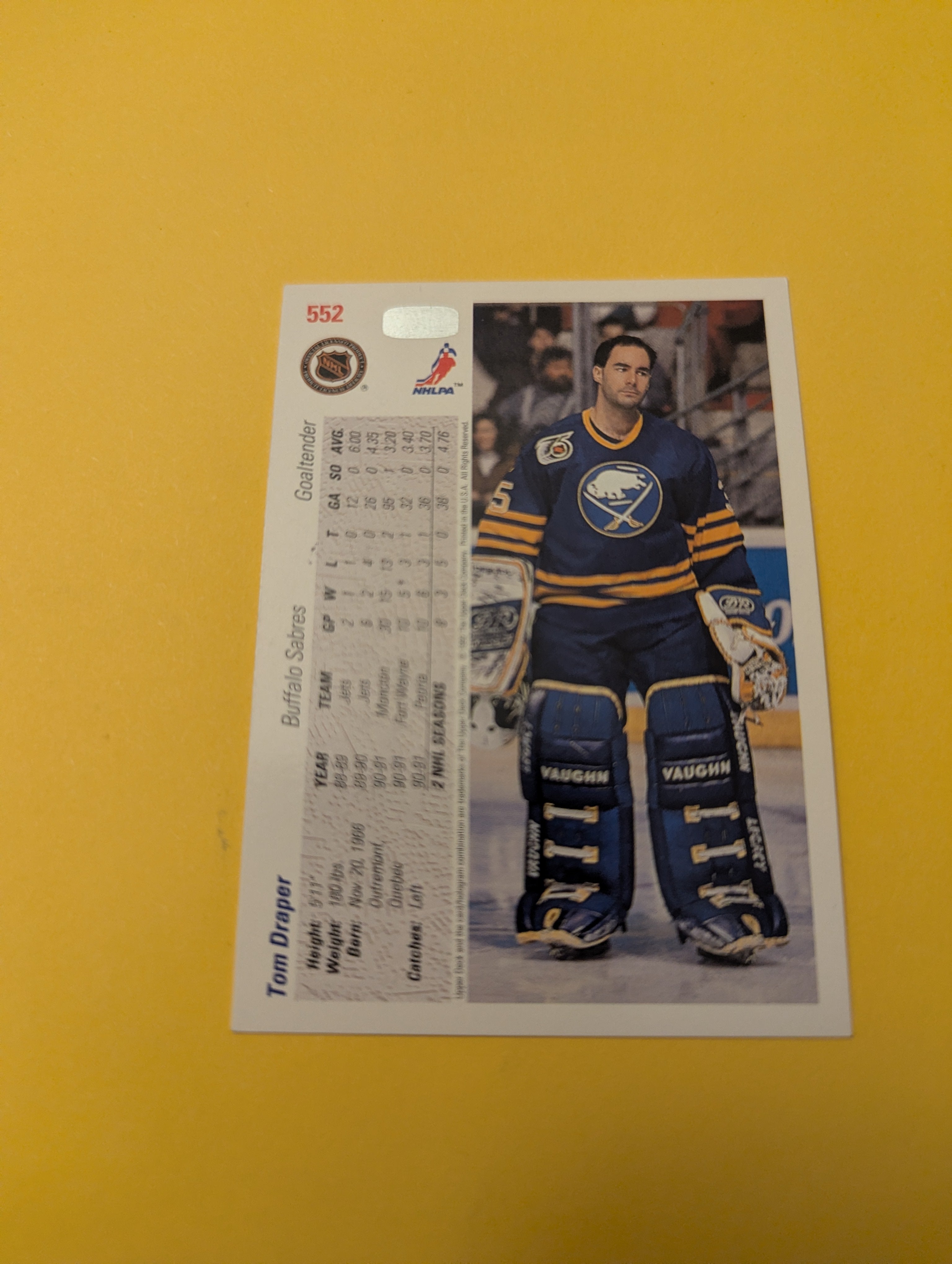 Tom Draper Signed Buffalo Sabres Card