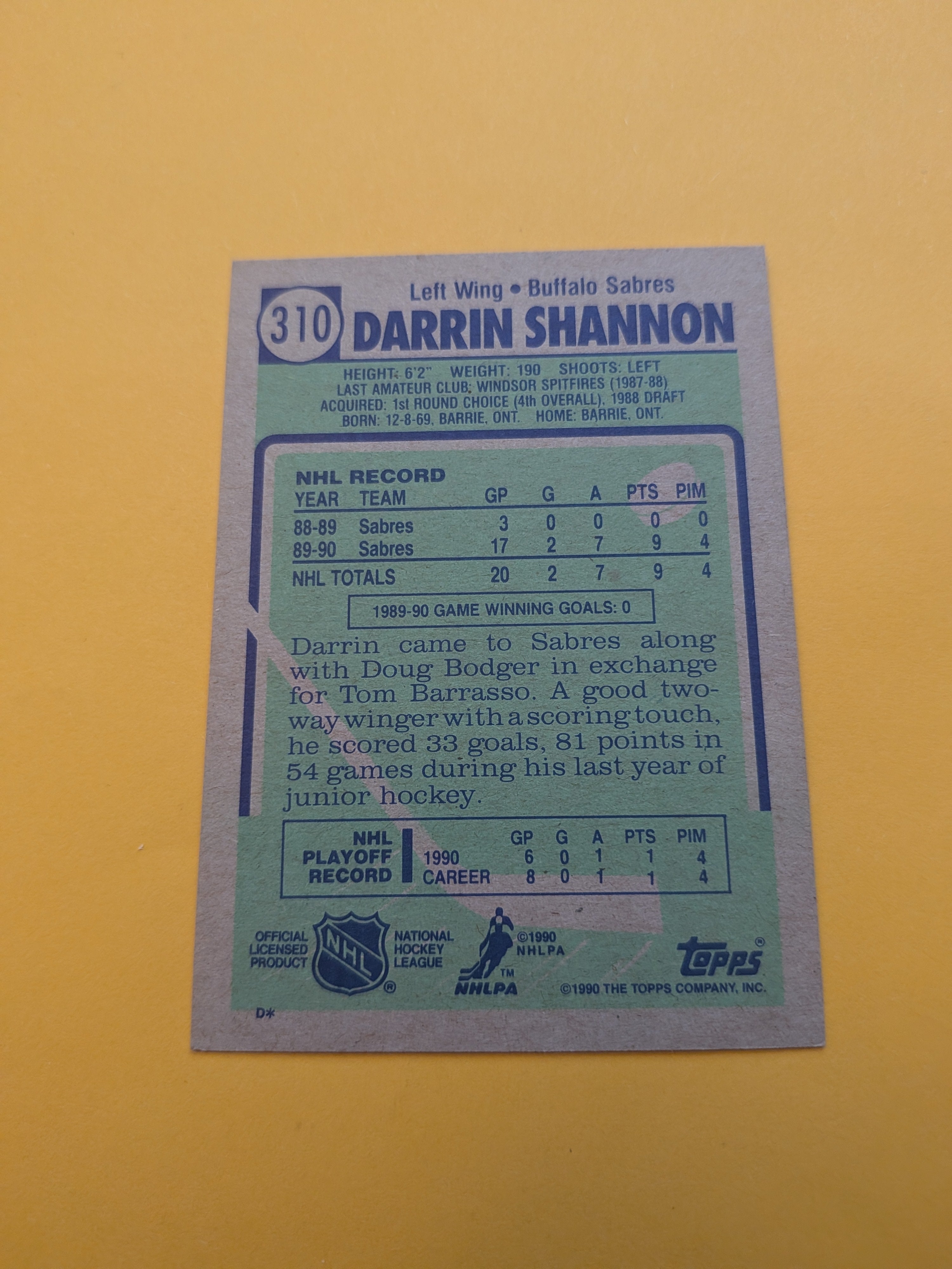 Darrin Shannon Signed Buffalo Sabres Rookie Card C