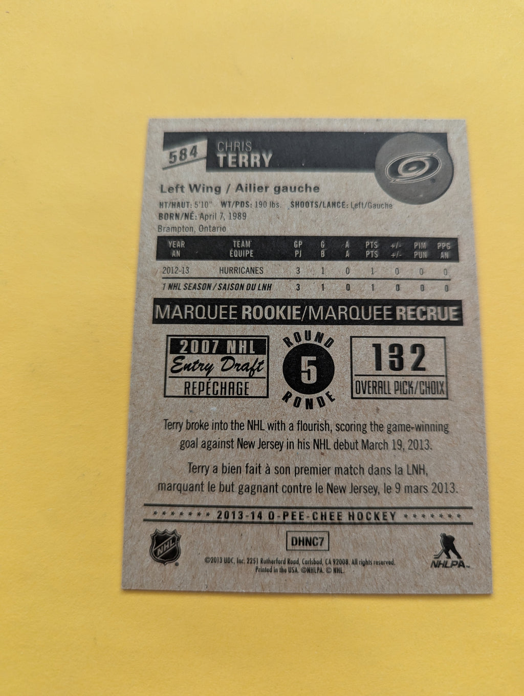 Chris Terry Signed Carolina Hurricanes Rookie Card B