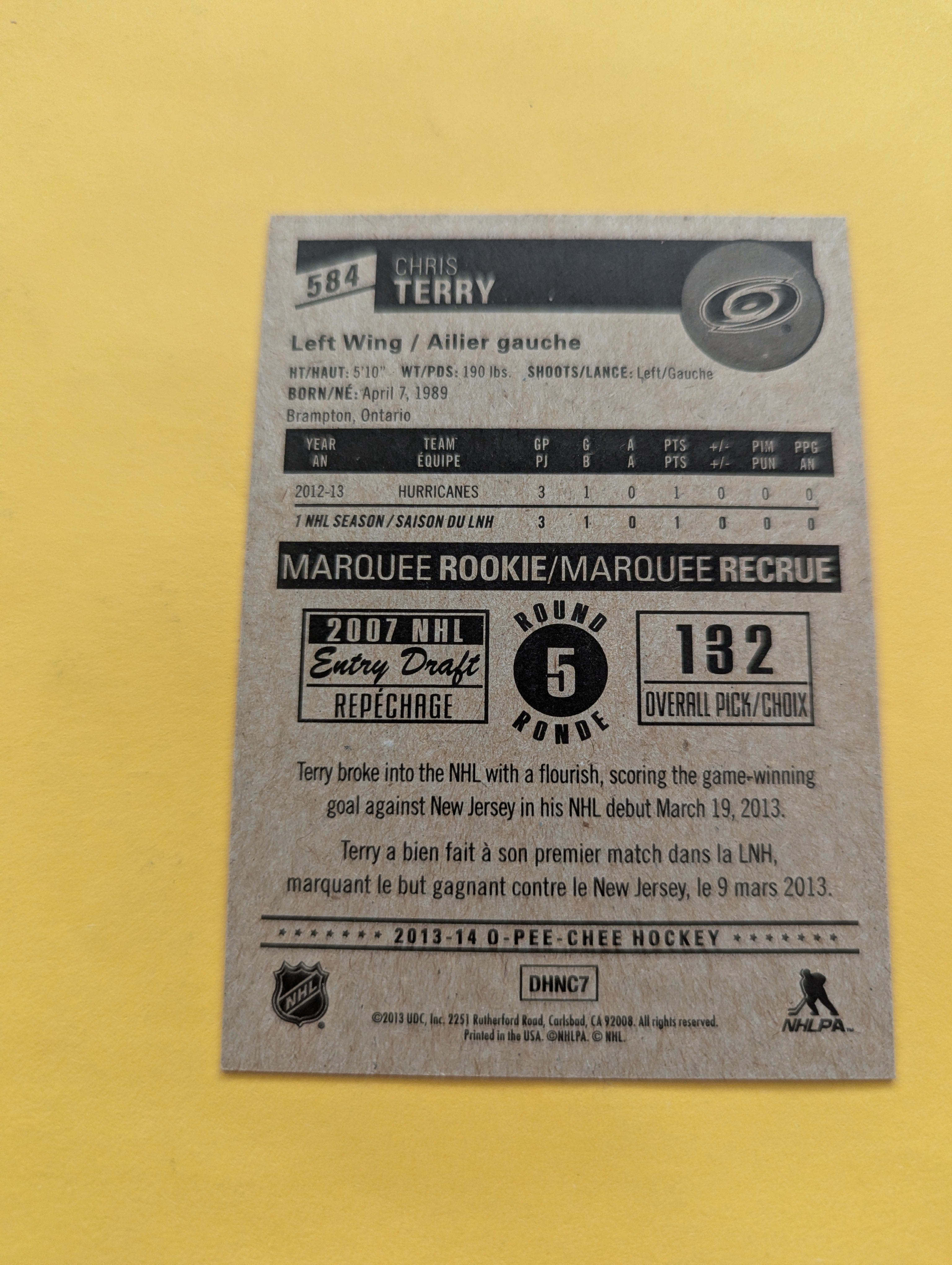 Chris Terry Signed Carolina Hurricanes Rookie Card B