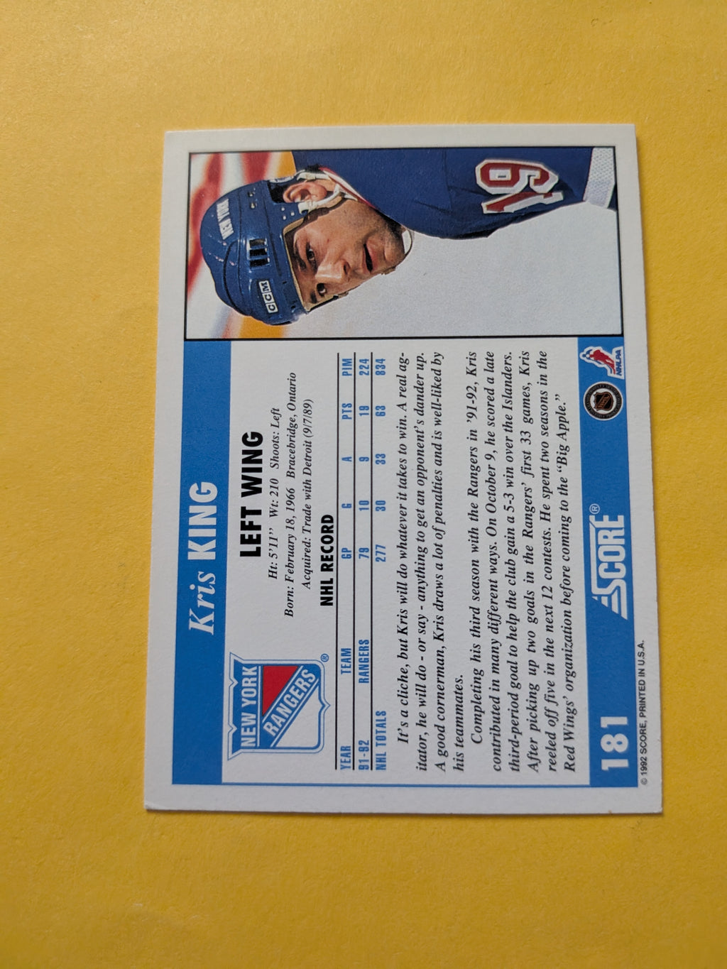 Kris King Signed New York Rangers Card K
