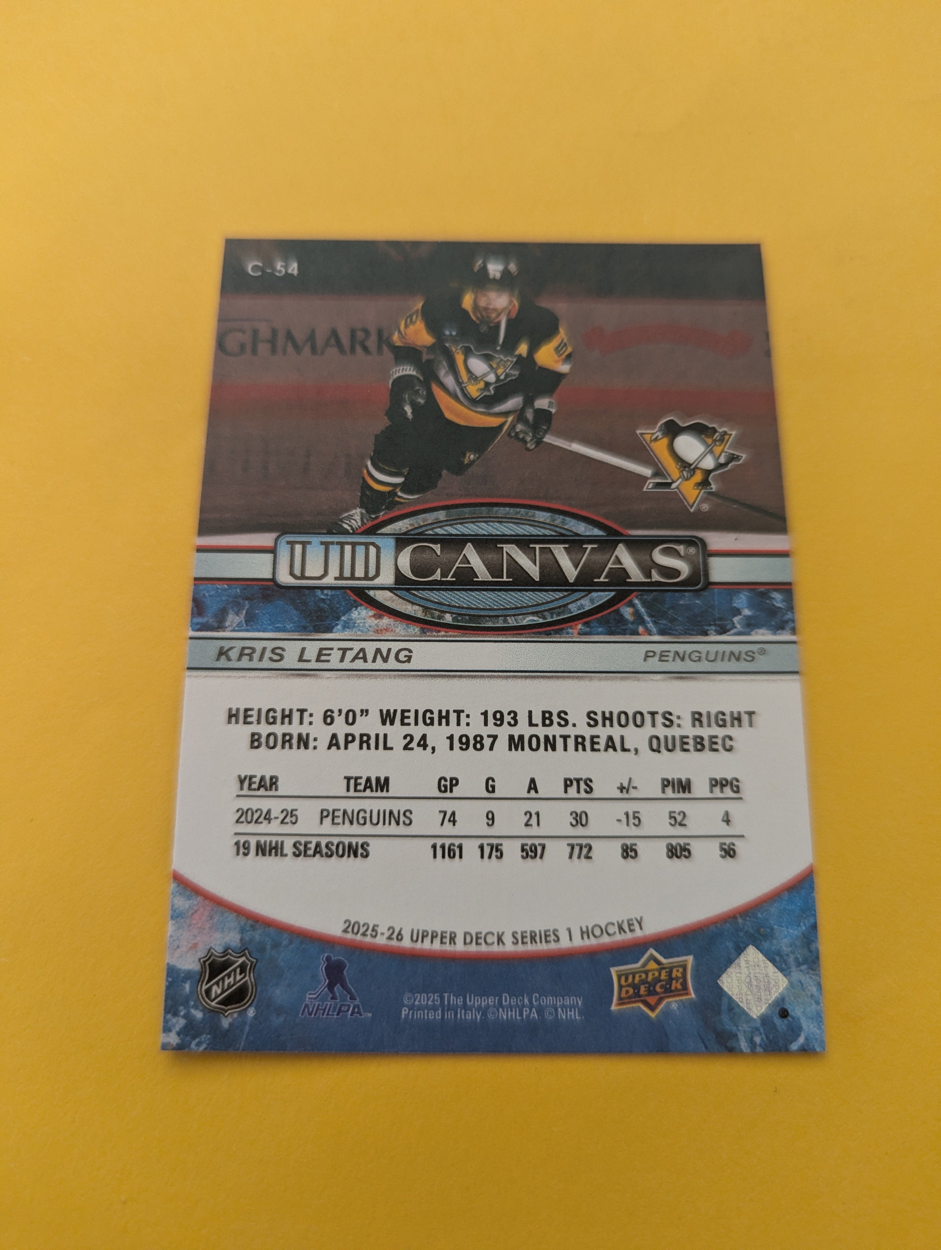 Kris Letang 25-26 Upper Deck UD Canvas Card