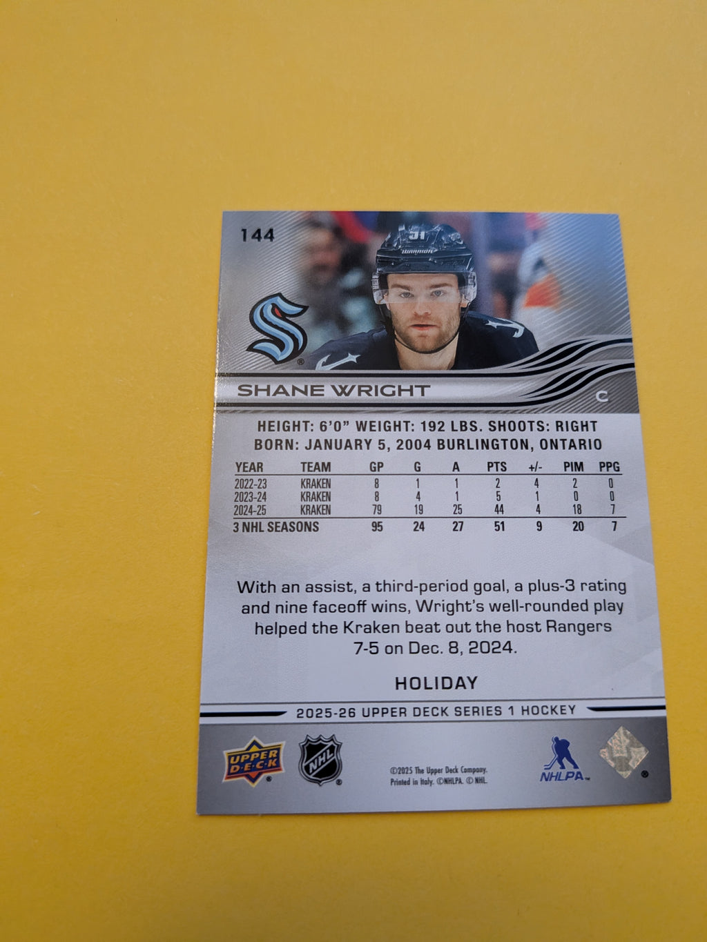 Shane Wright 25-26 Upper Deck Green Holiday Card