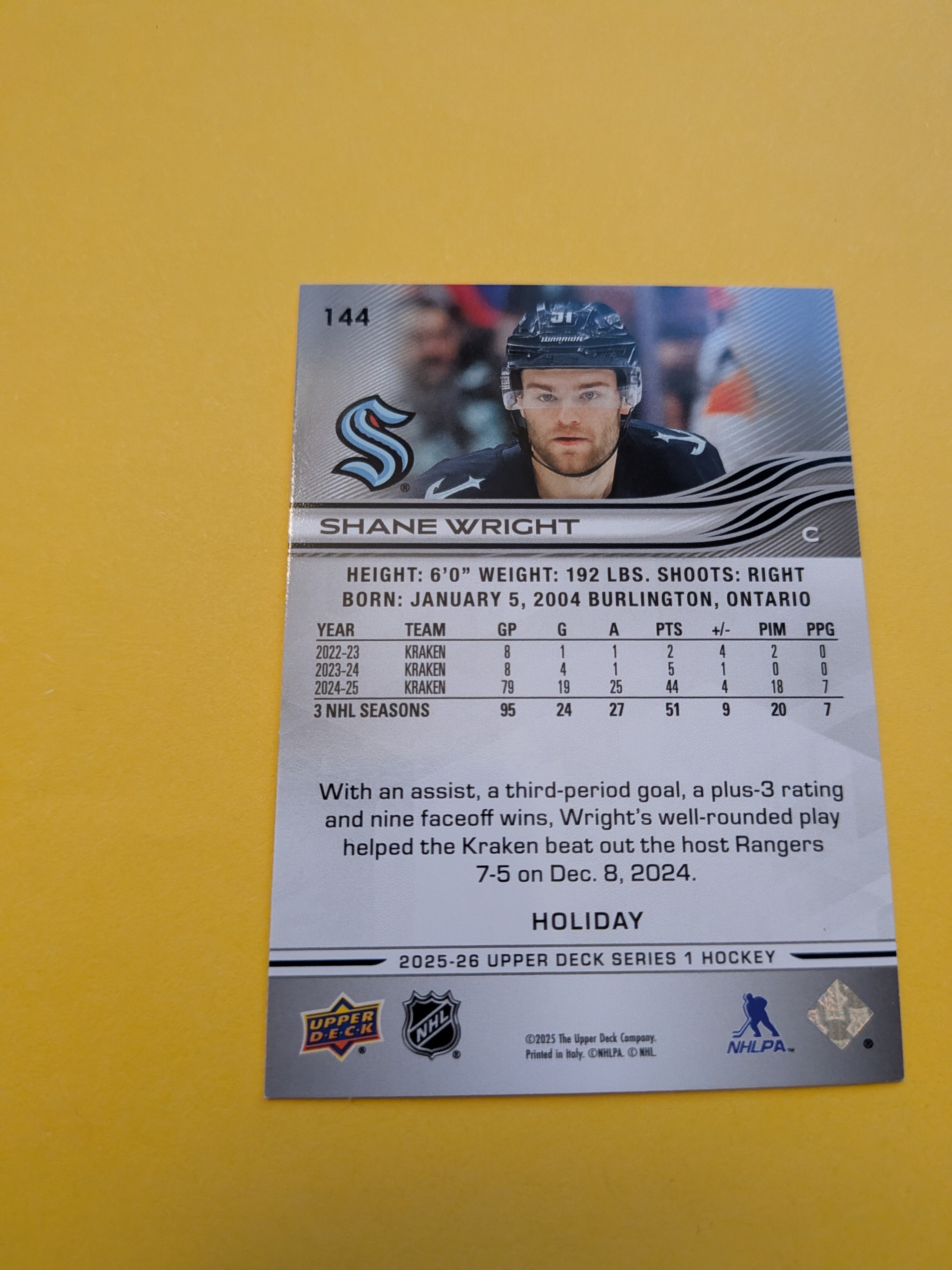 Shane Wright 25-26 Upper Deck Green Holiday Card