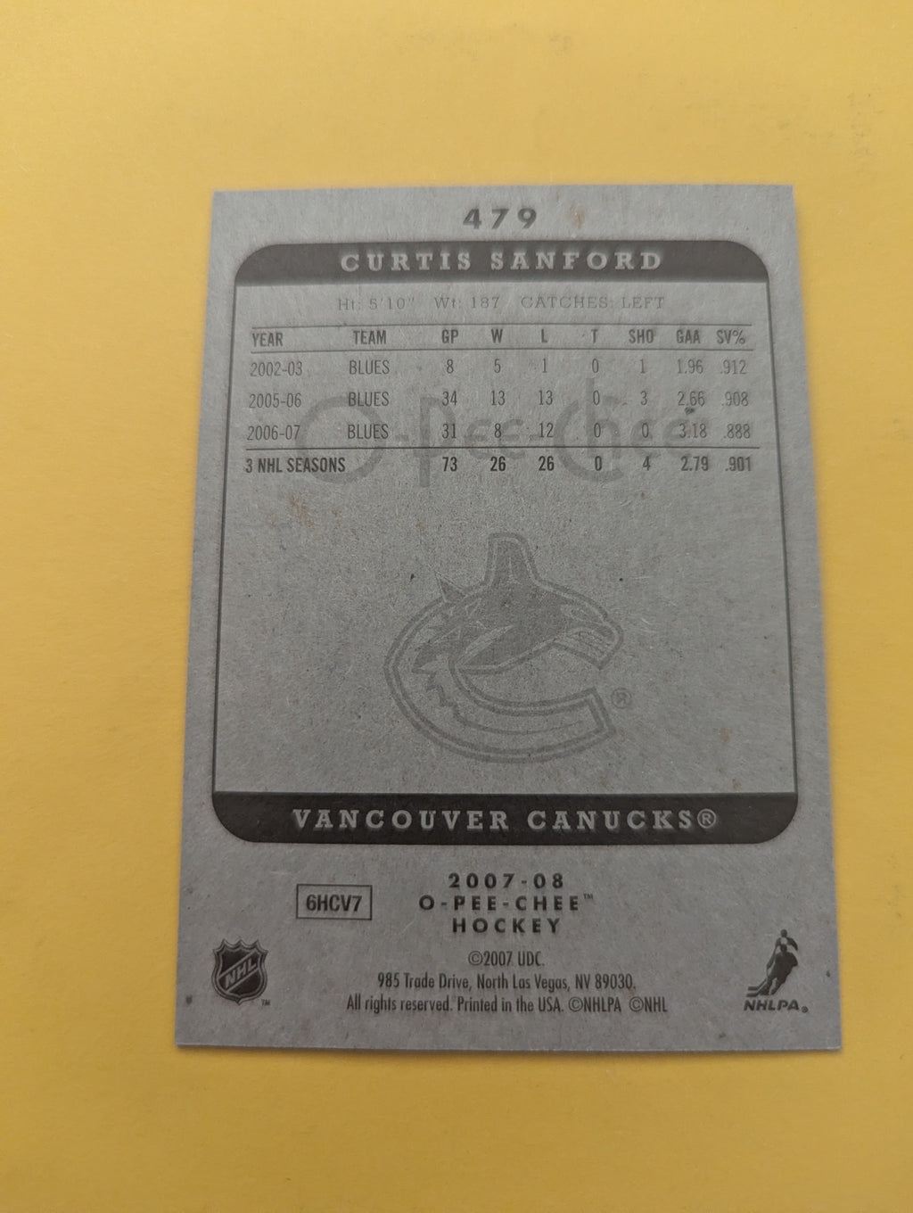Curtis Sanford Signed St. Louis Blues Card