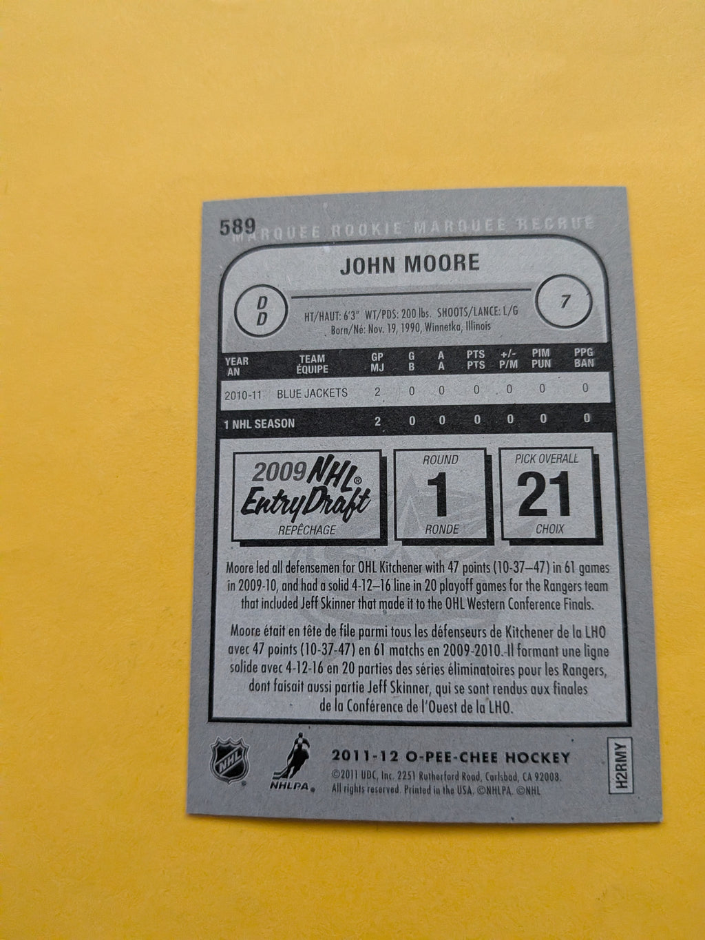 John Moore Signed Columbus Blue Jackets Rookie Card B