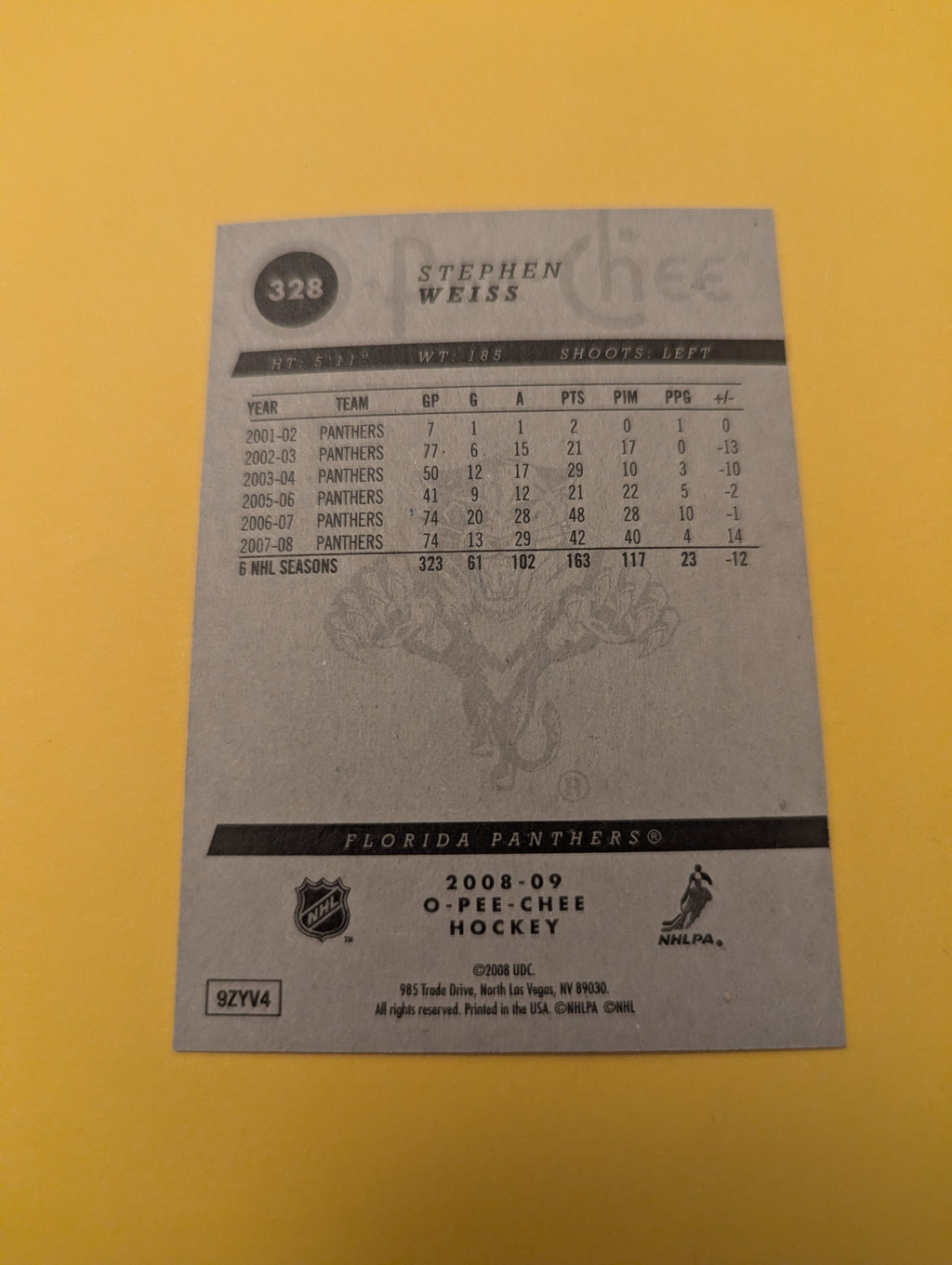 Stephen Weiss Signed Florida Panthers Card