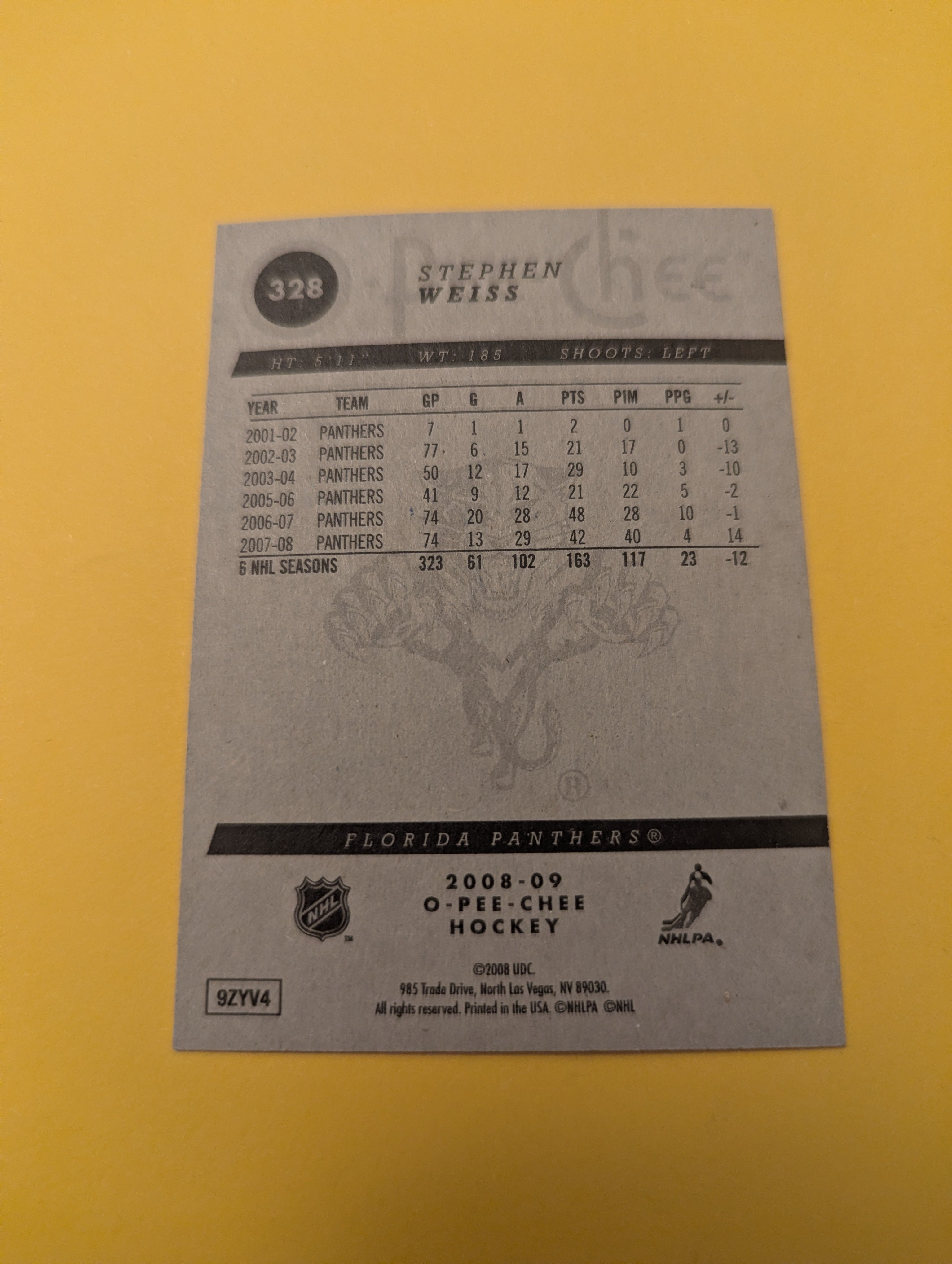 Stephen Weiss Signed Florida Panthers Card