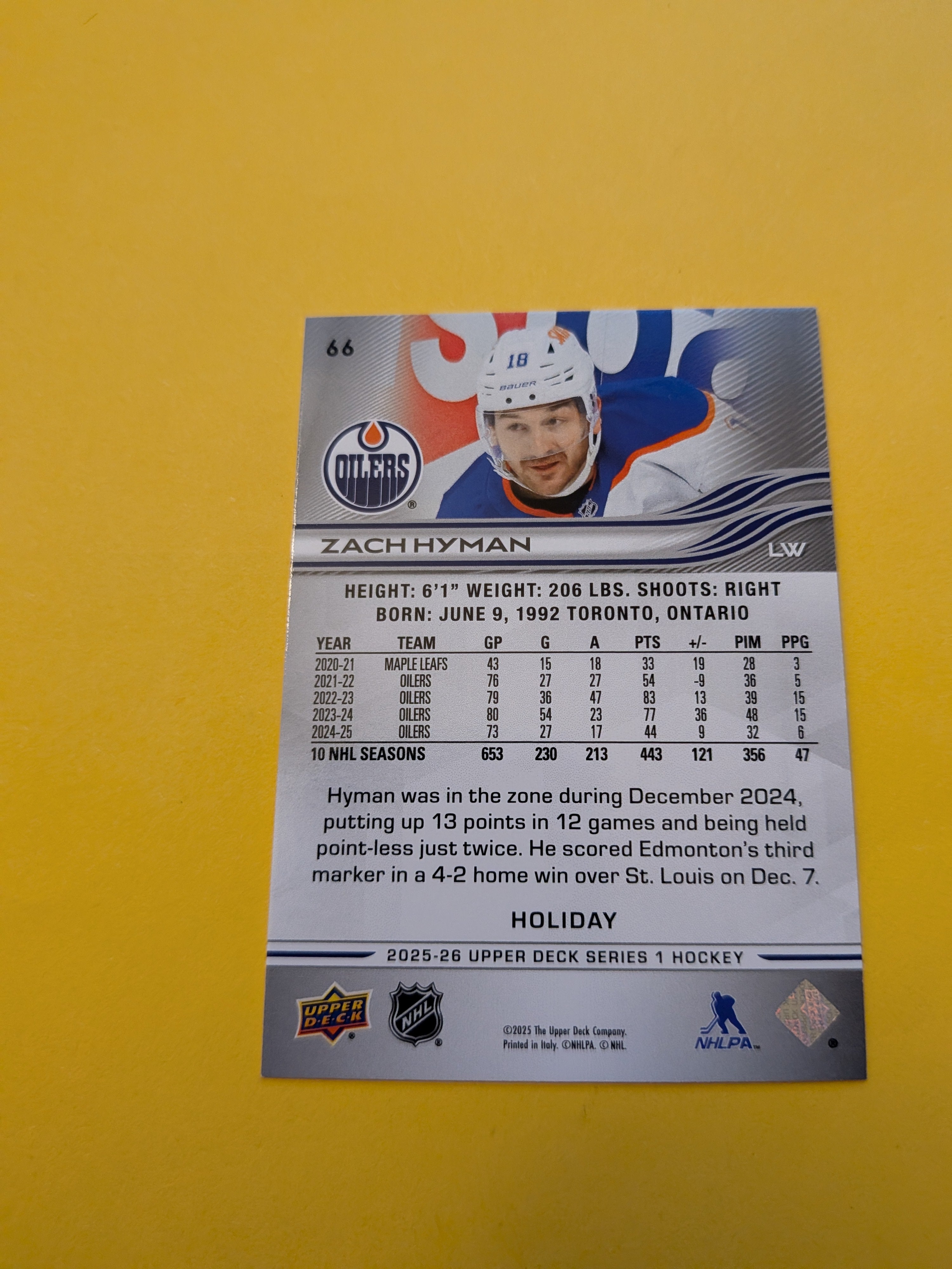 Zach Hyman 25-26 Upper Deck Green Holiday Card