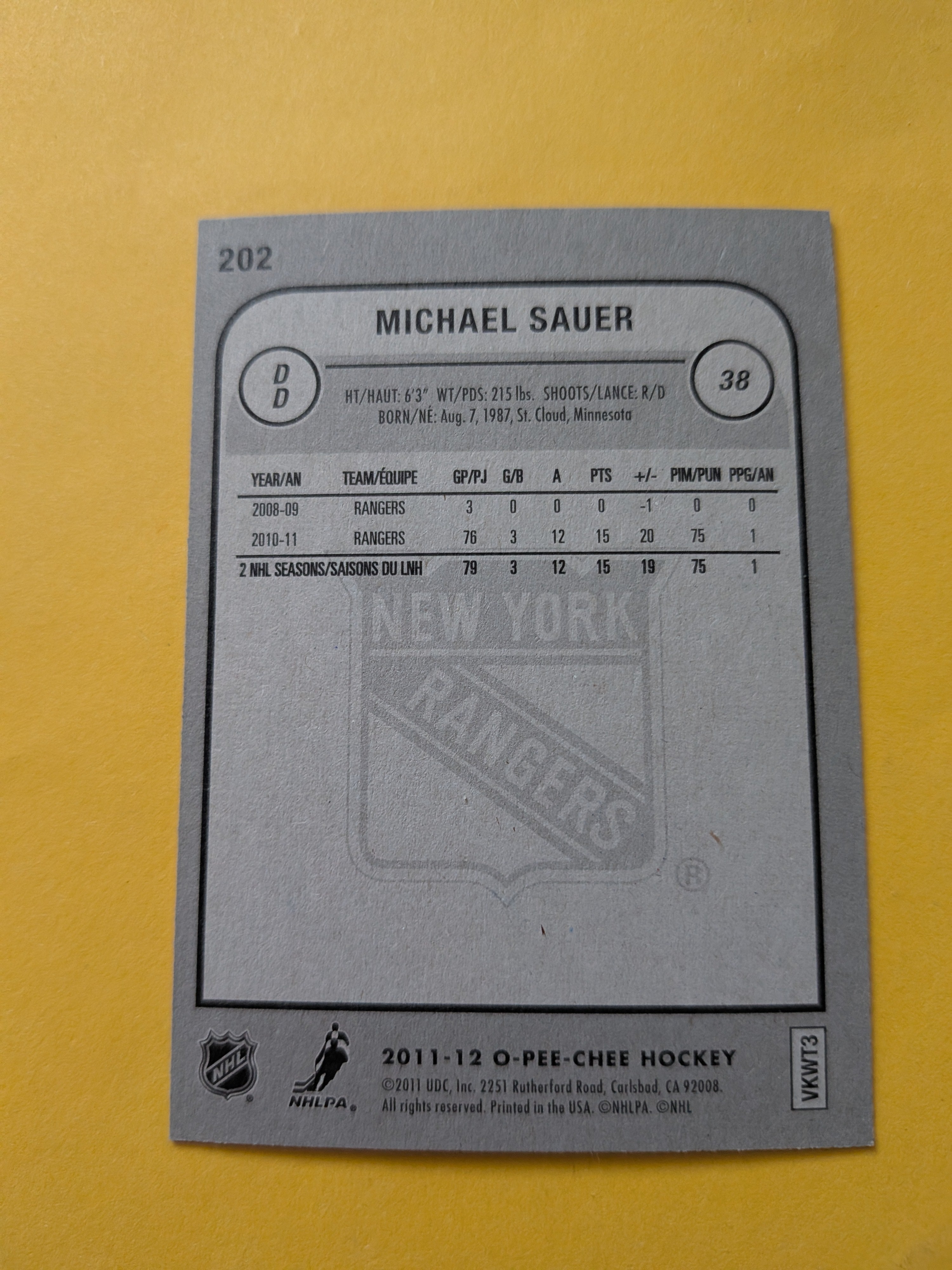 Michael Sauer Signed New York Rangers Card A