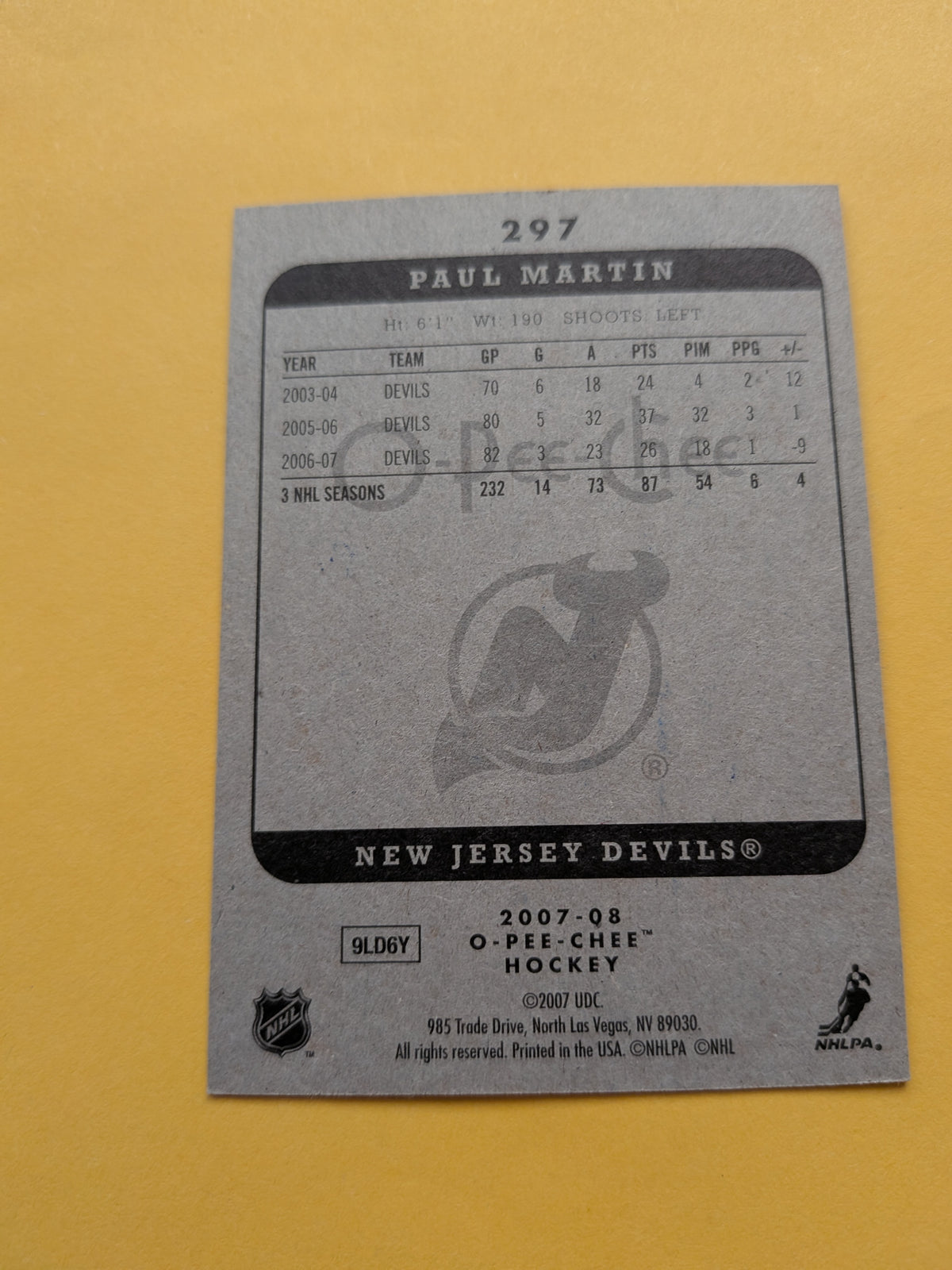 Paul Martin Signed New Jersey Devils Card B