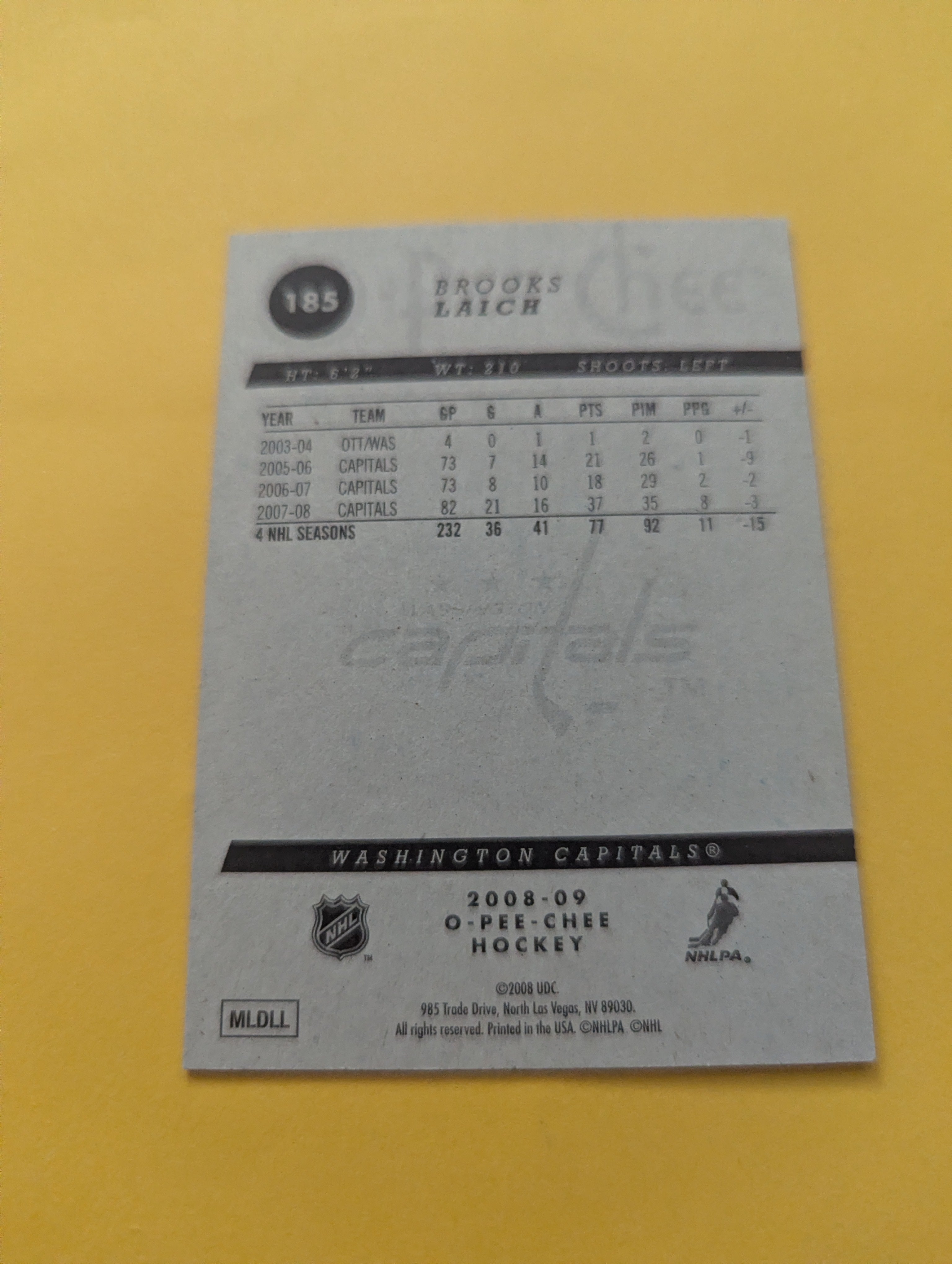 Brooks Laich Signed Washington Capitals Card