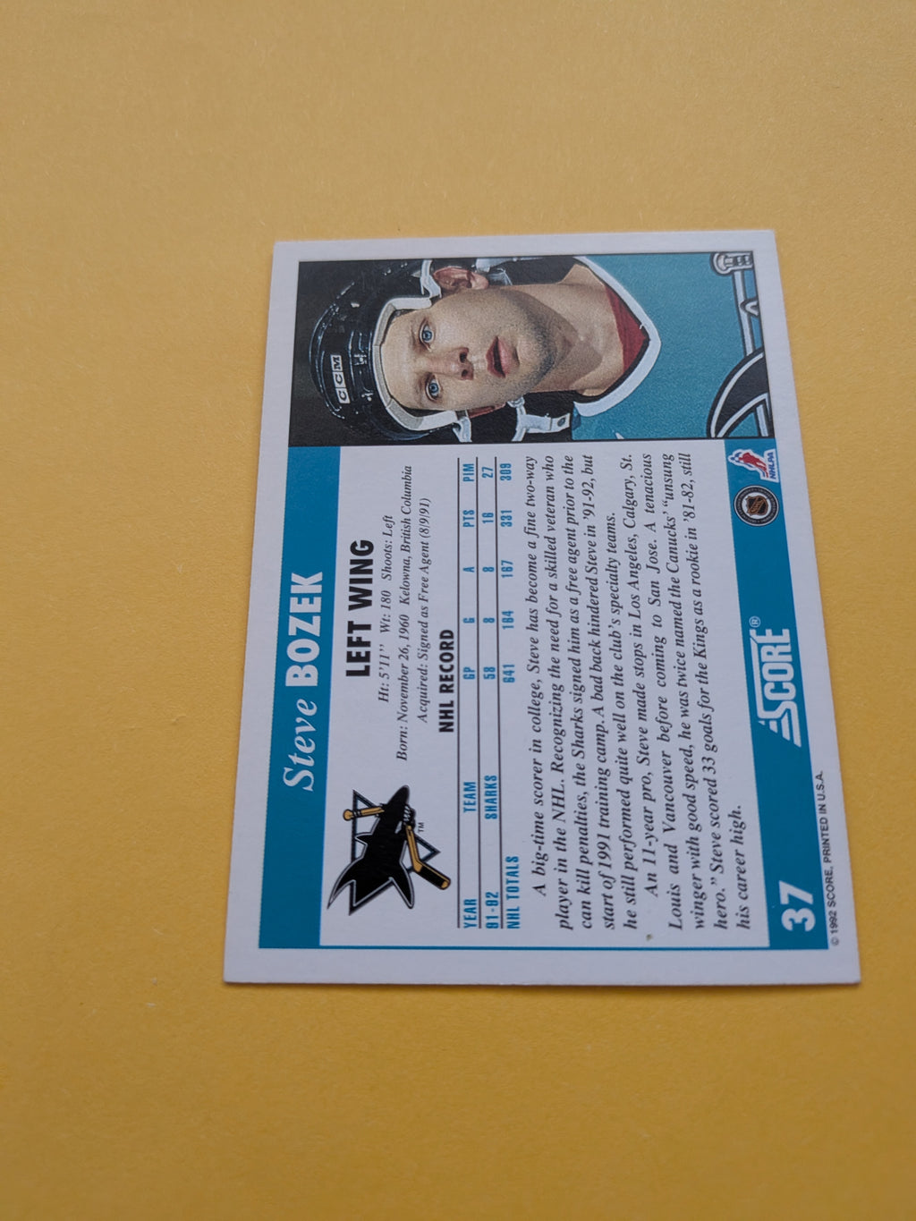 Steve Bozek Signed San Jose Sharks Card A