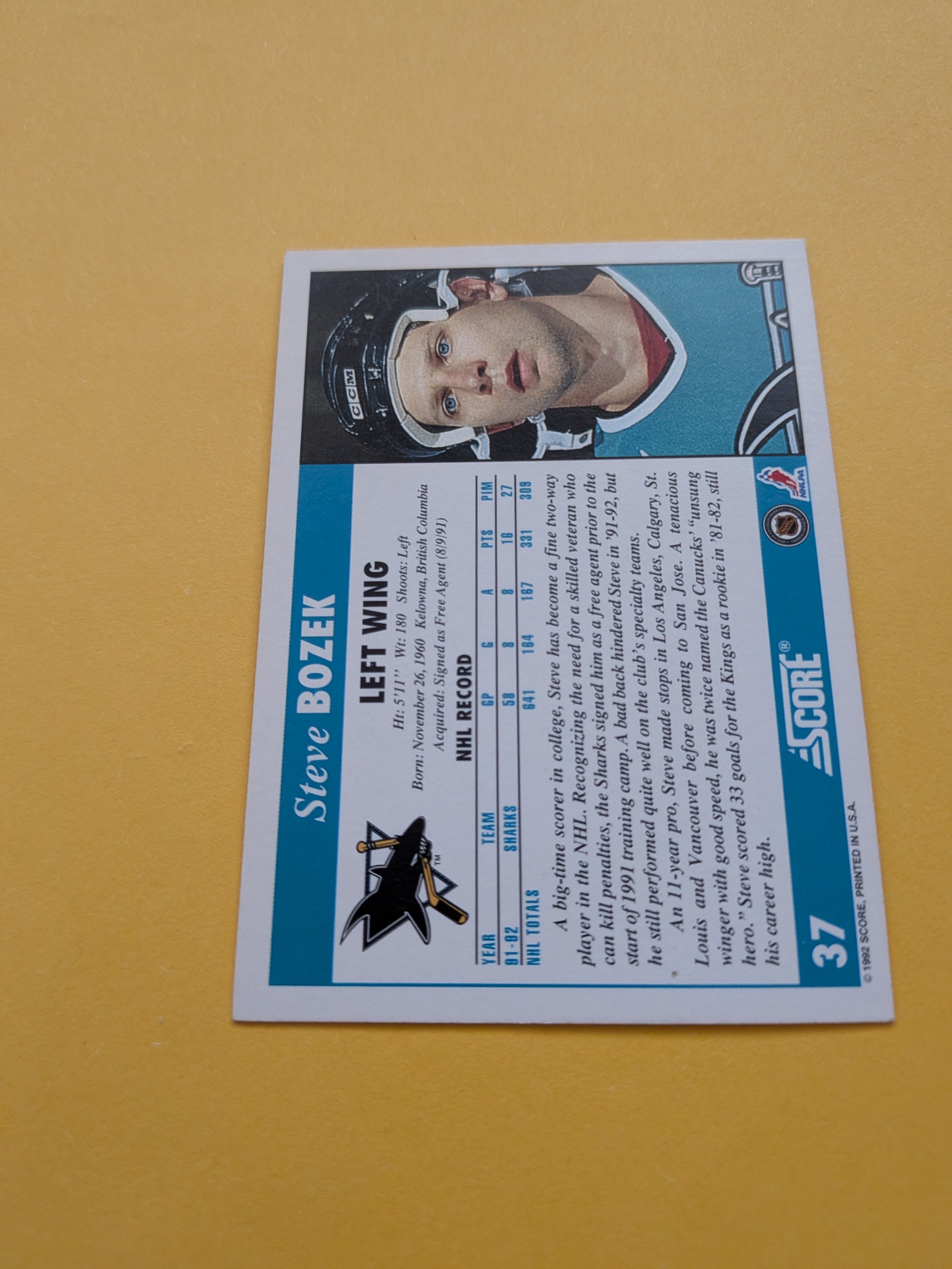 Steve Bozek Signed San Jose Sharks Card A