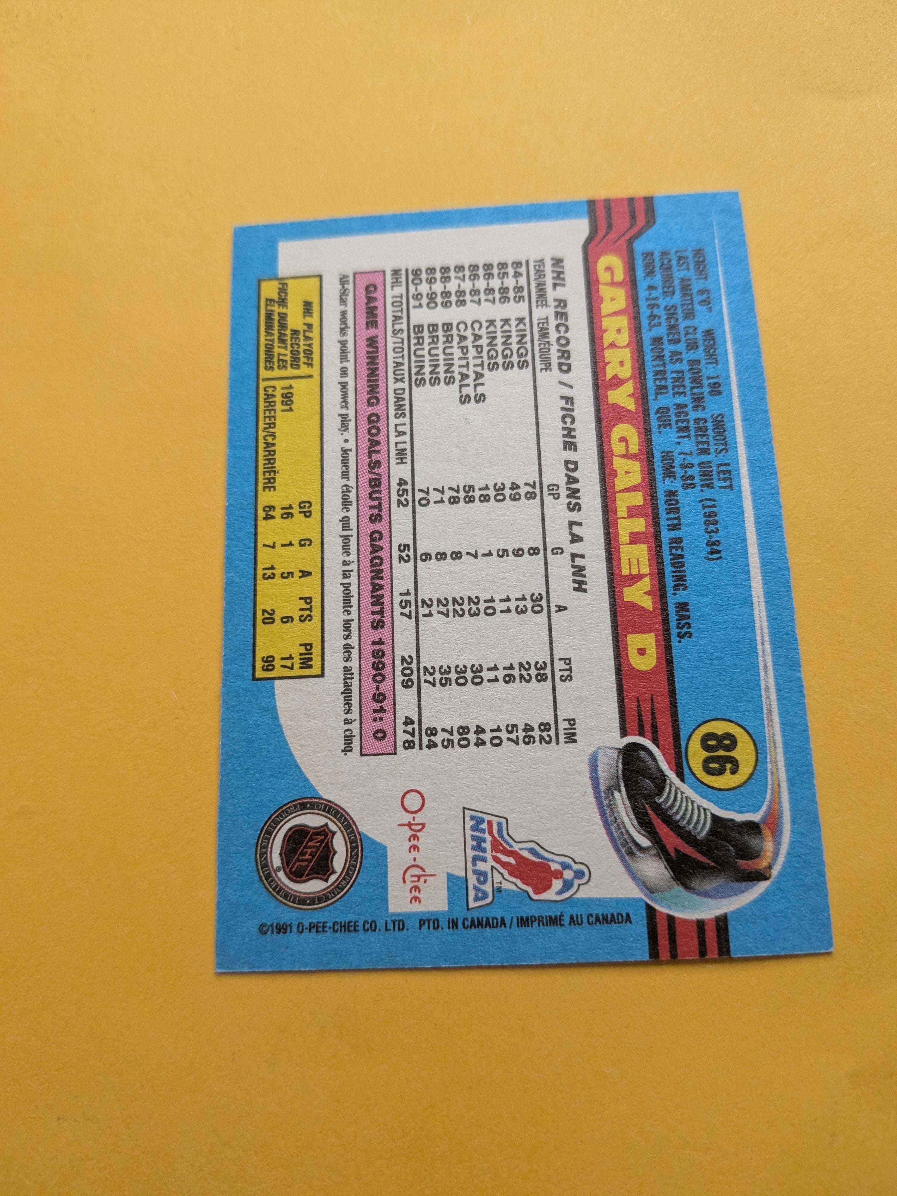 Garry Galley Signed Boston Bruins Card D