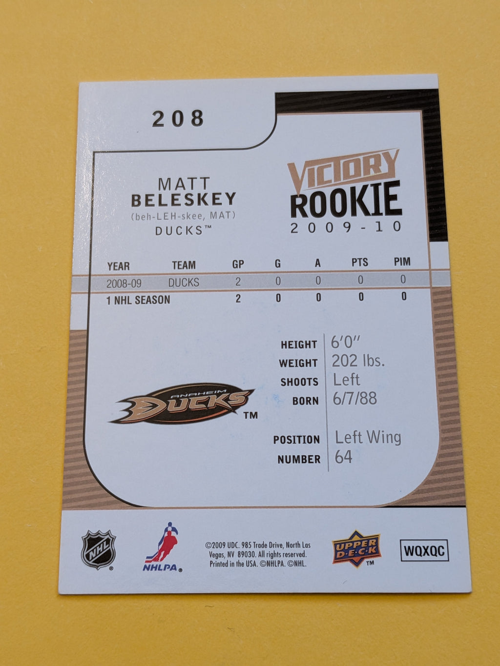 Matt Beleskey Signed Anaheim Ducks Rookie Card A