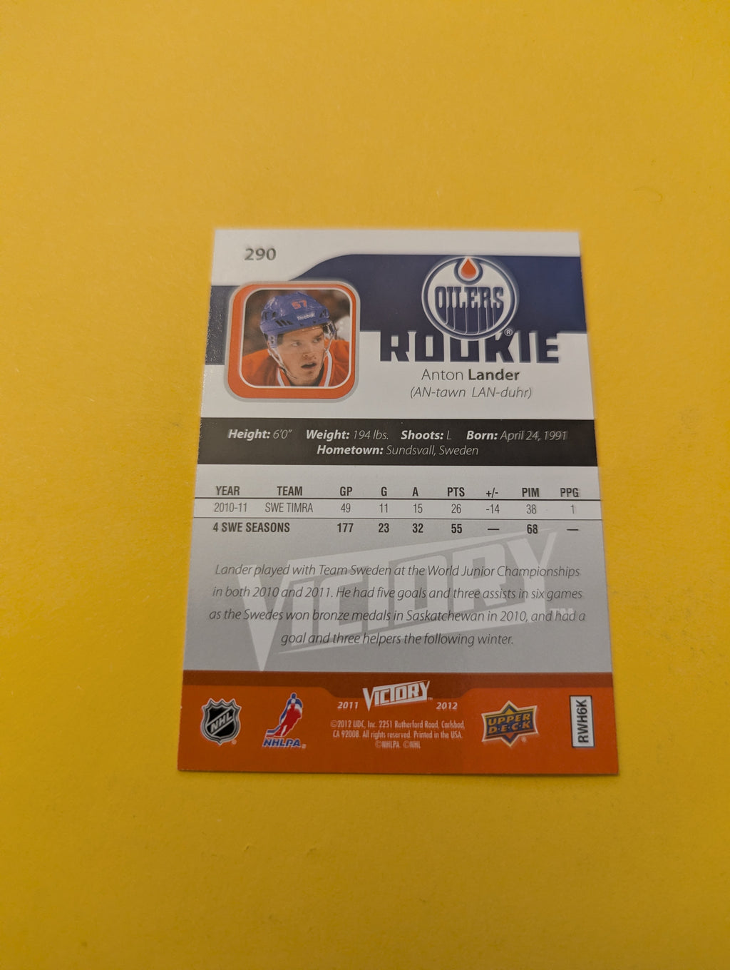 Anton Lander Signed Edmonton Oilers Rookie Card