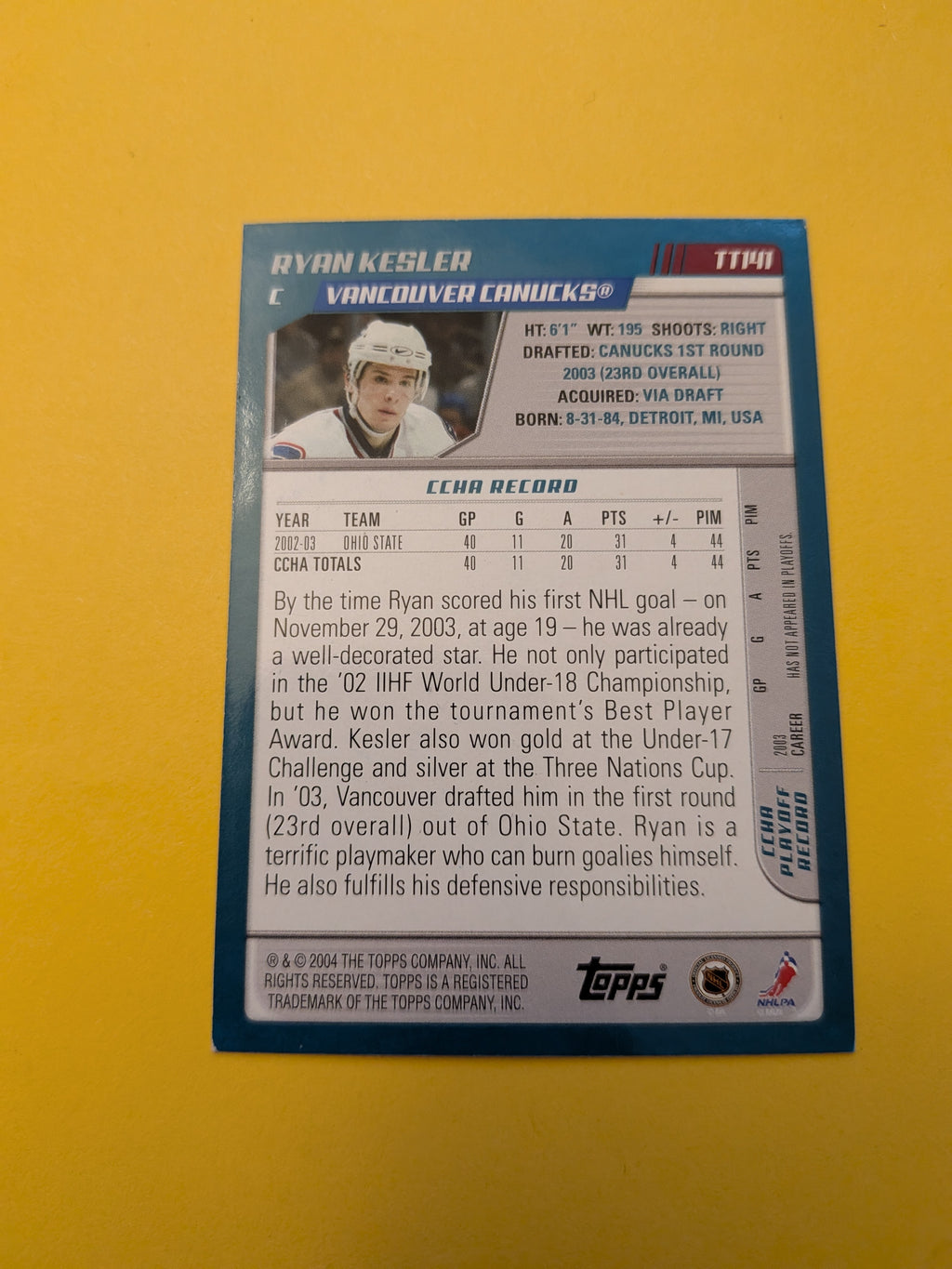 Ryan Kesler Signed Vancouver Canucks Rookie Card
