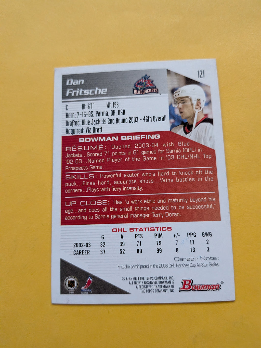Dan Fritsche Signed Columbus Blue Jackets Rookie Card C