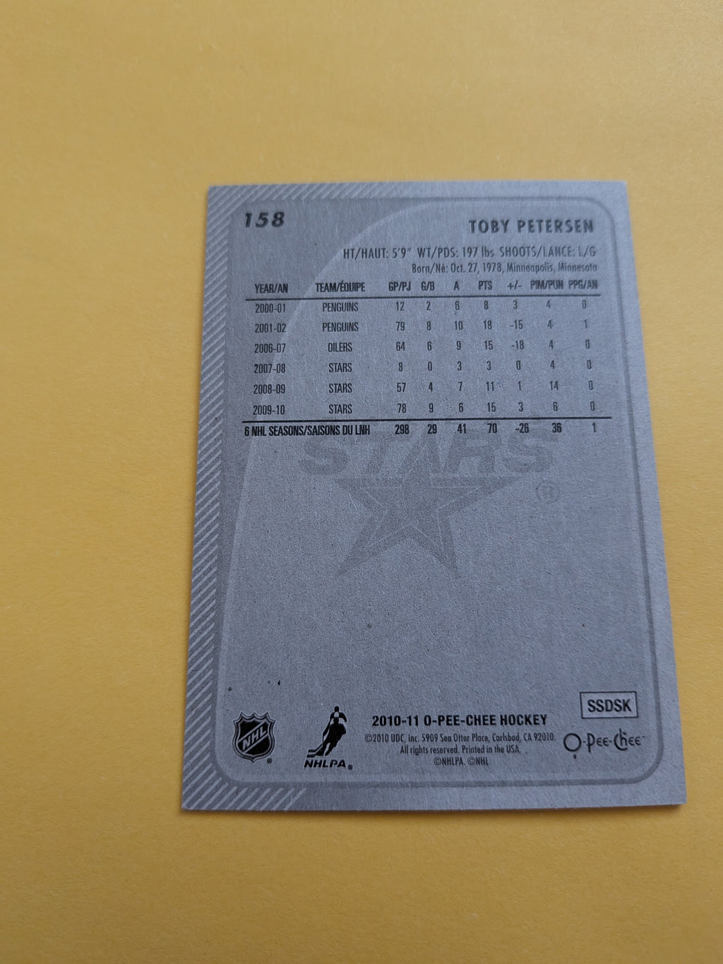 Toby Petersen Signed Dallas Stars Card