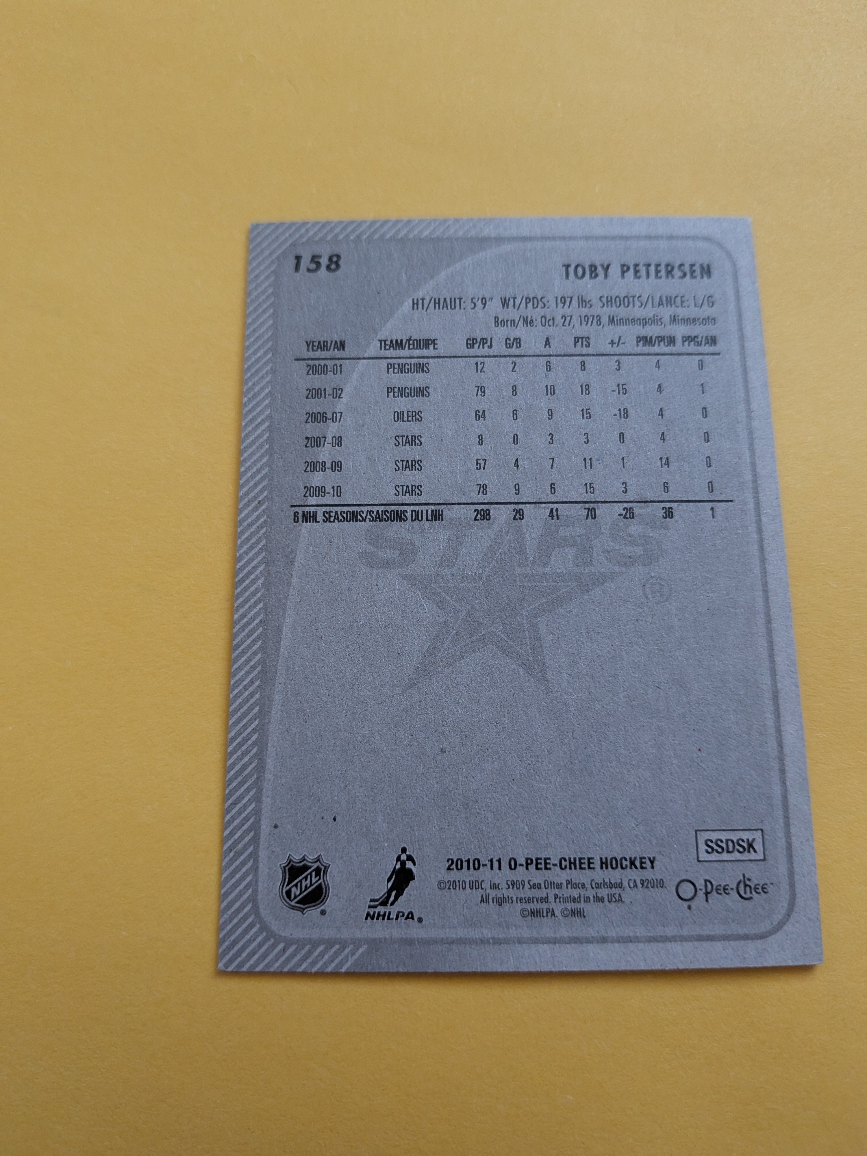 Toby Petersen Signed Dallas Stars Card