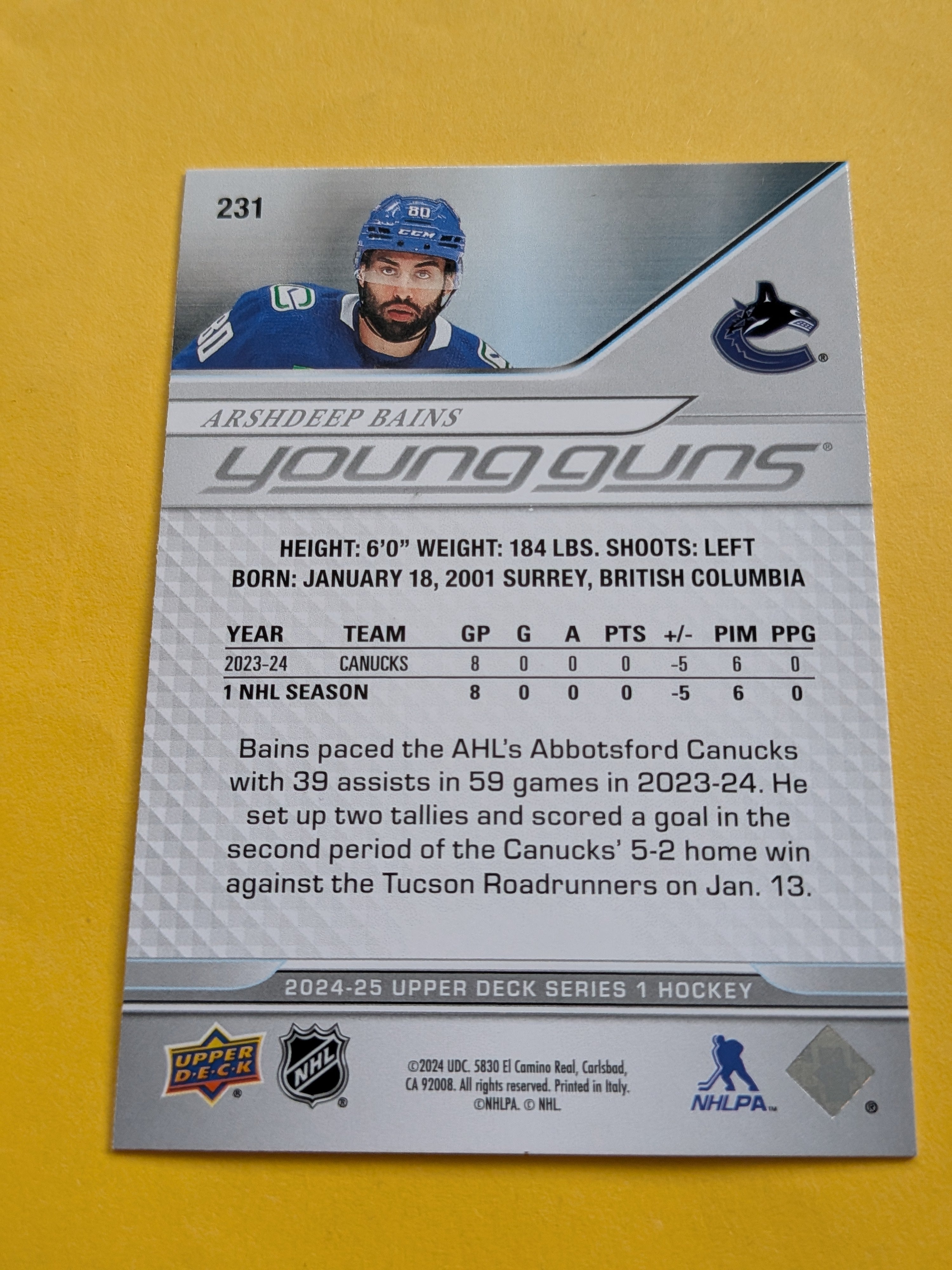 Arshdeep Bains Signed Vancouver Canucks Young Guns Rookie Card