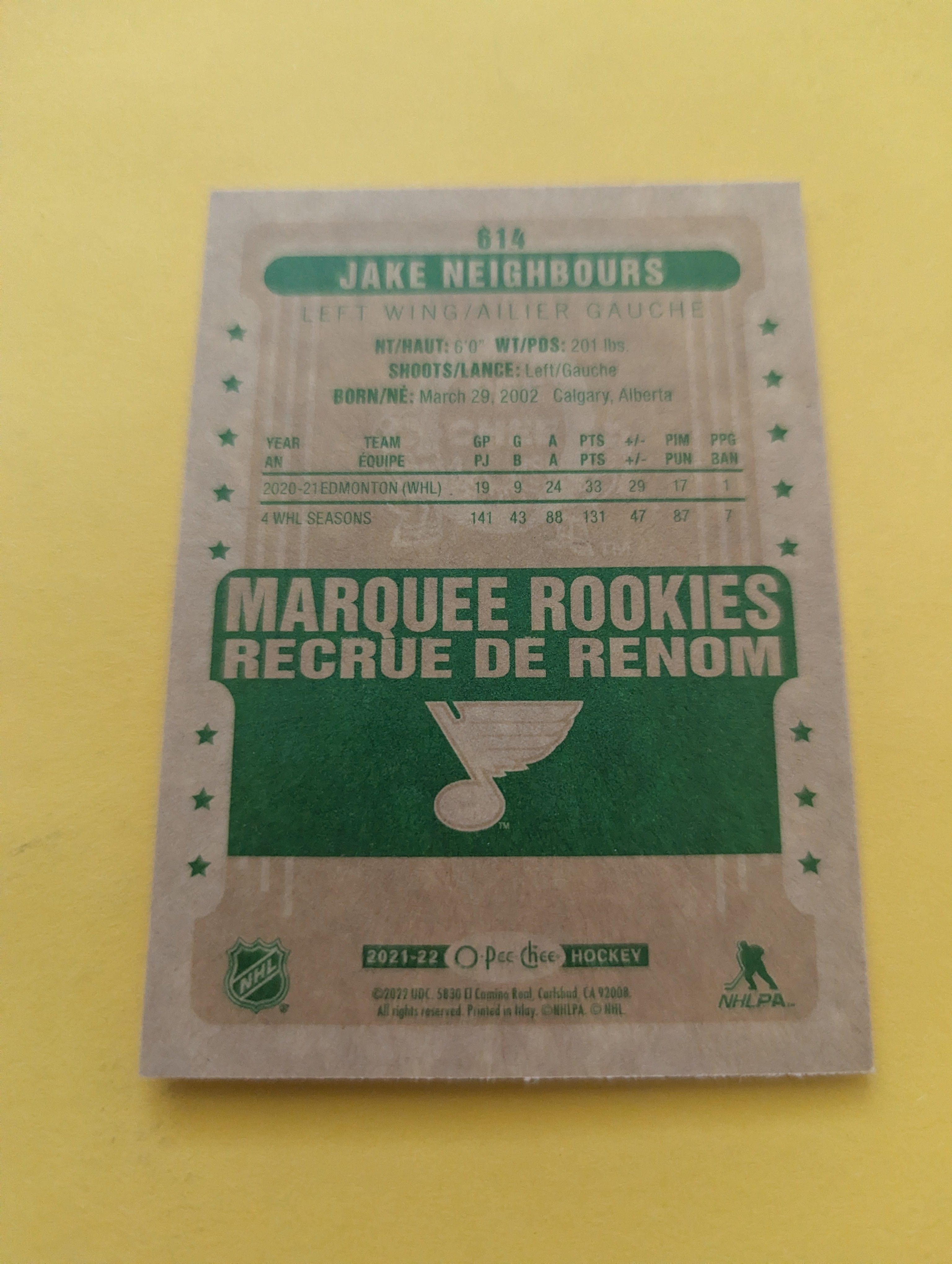 Jake Neighbours 21-22 OPC Retro Rookie Card