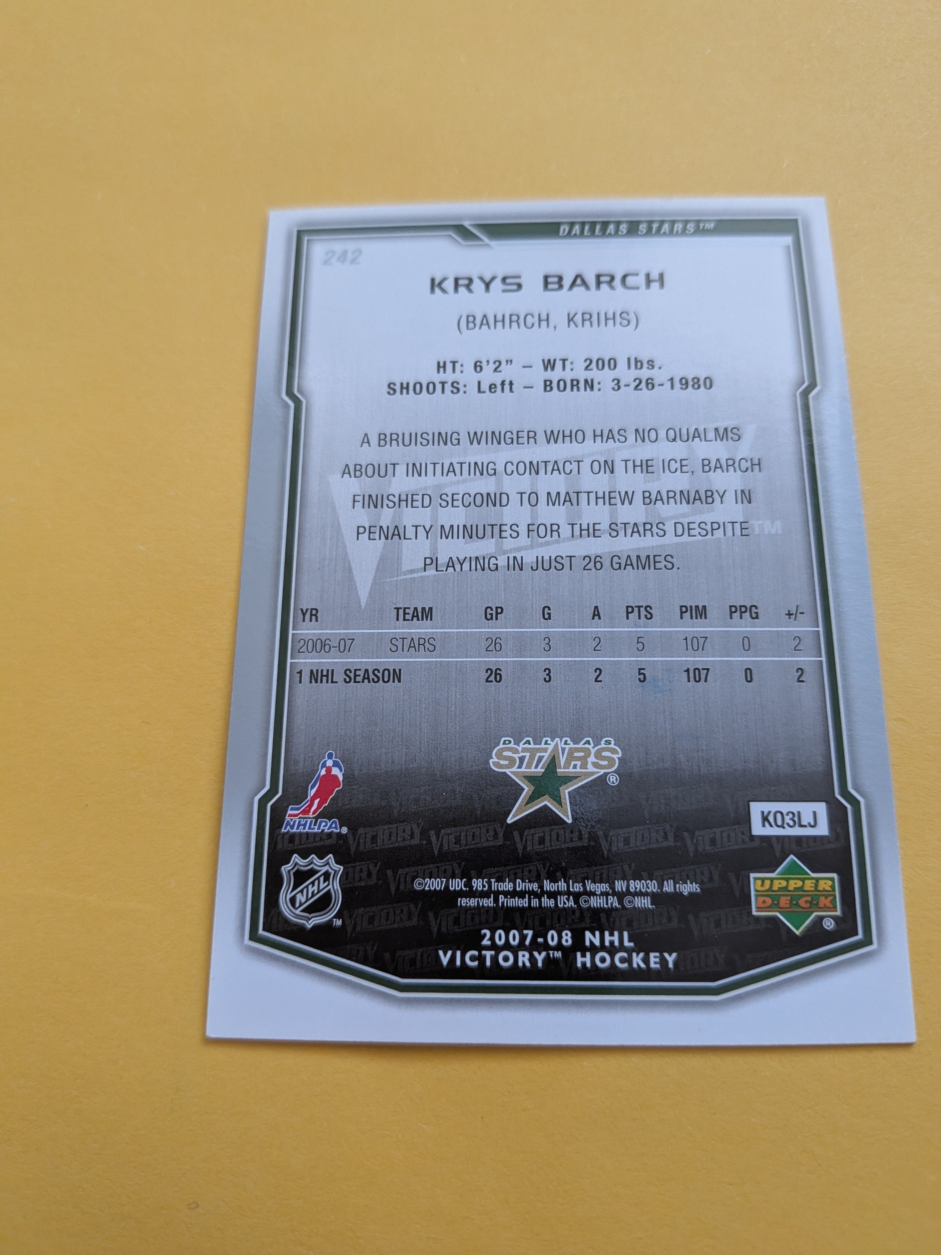 Krys Barch Signed Dallas Stars Rookie Card A