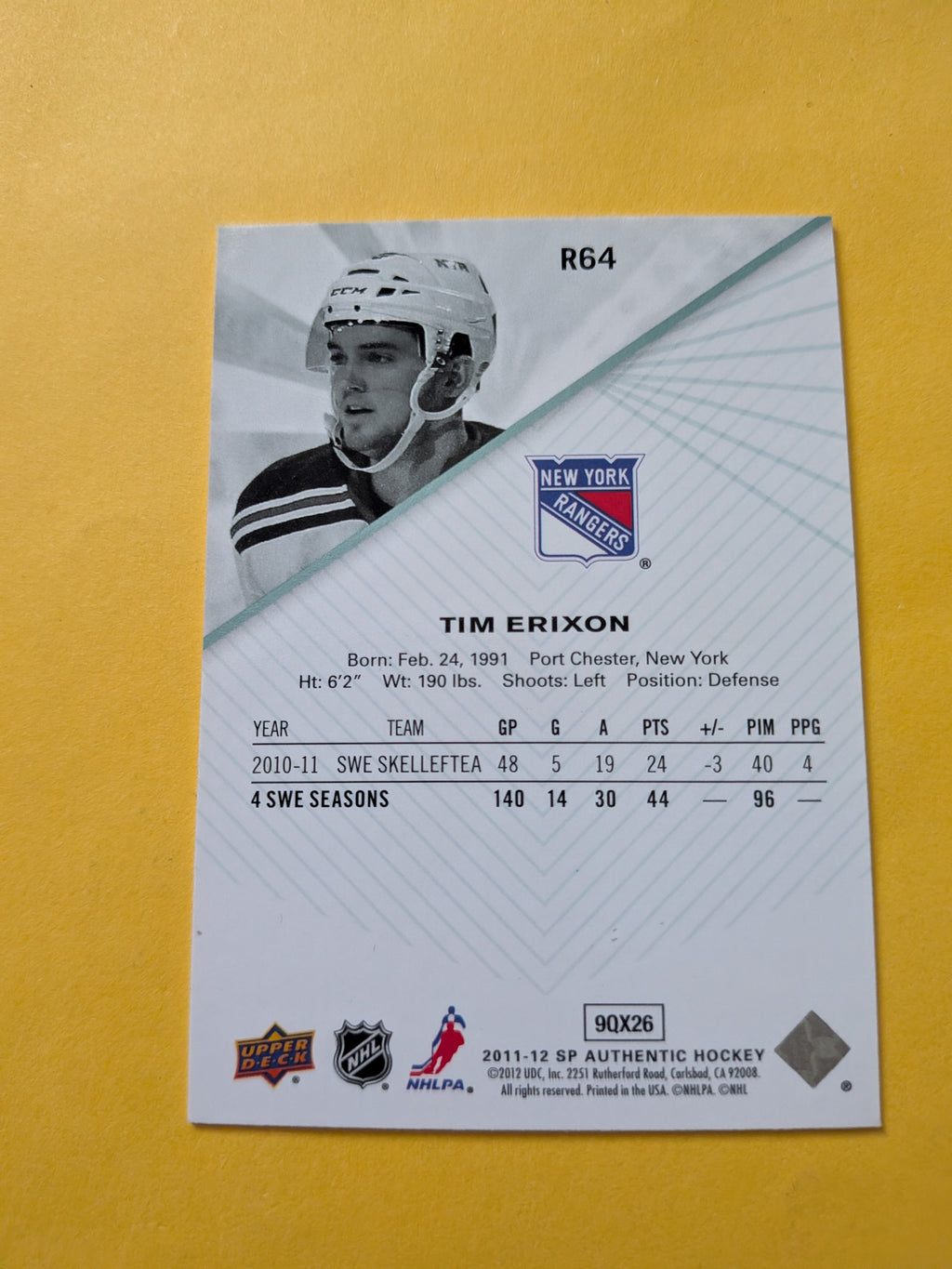 Tim Erixon Signed New York Rangers Rookie Card C