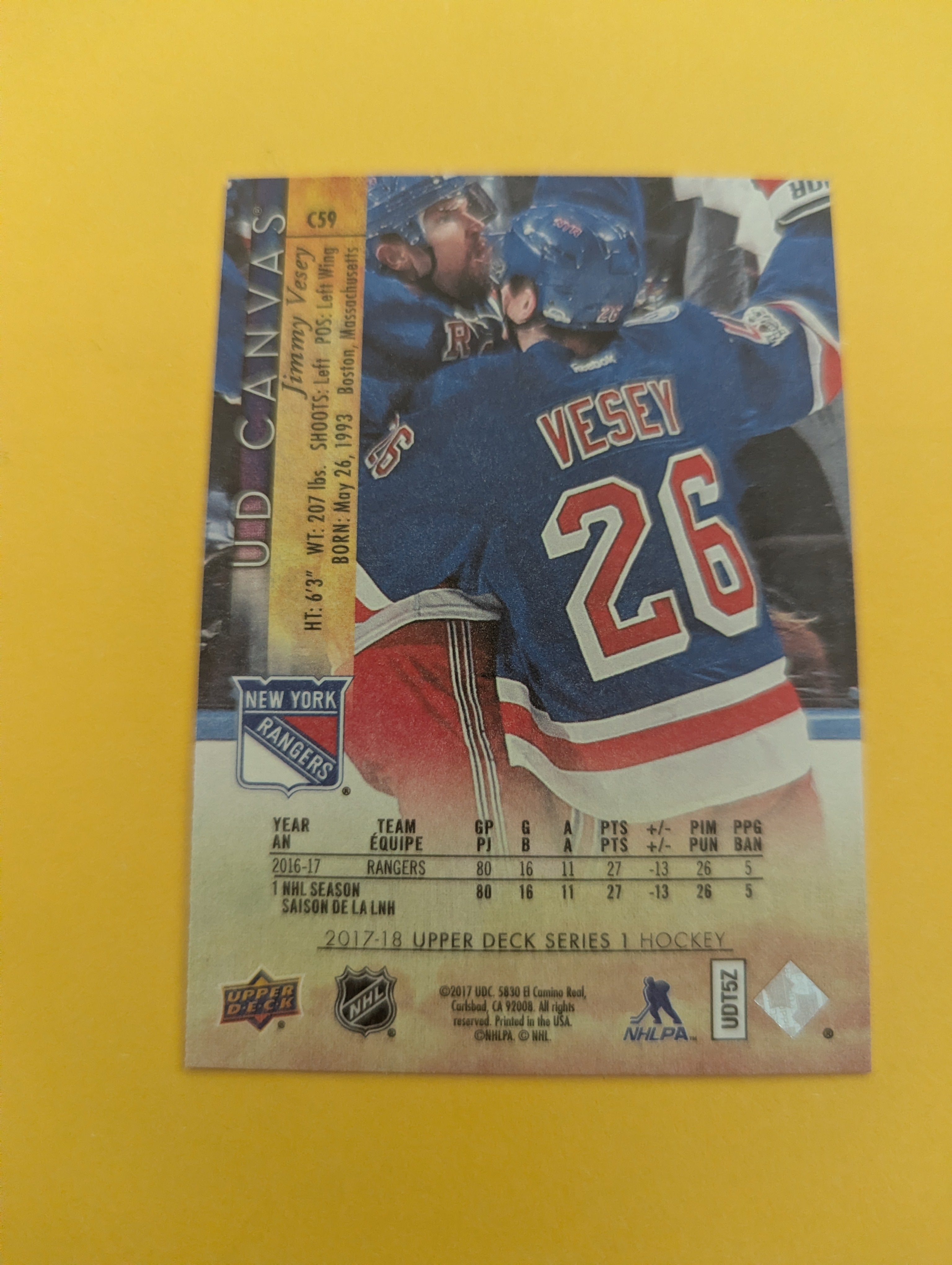 Jimmy Vesey 17-18 Upper Deck UD Canvas Card