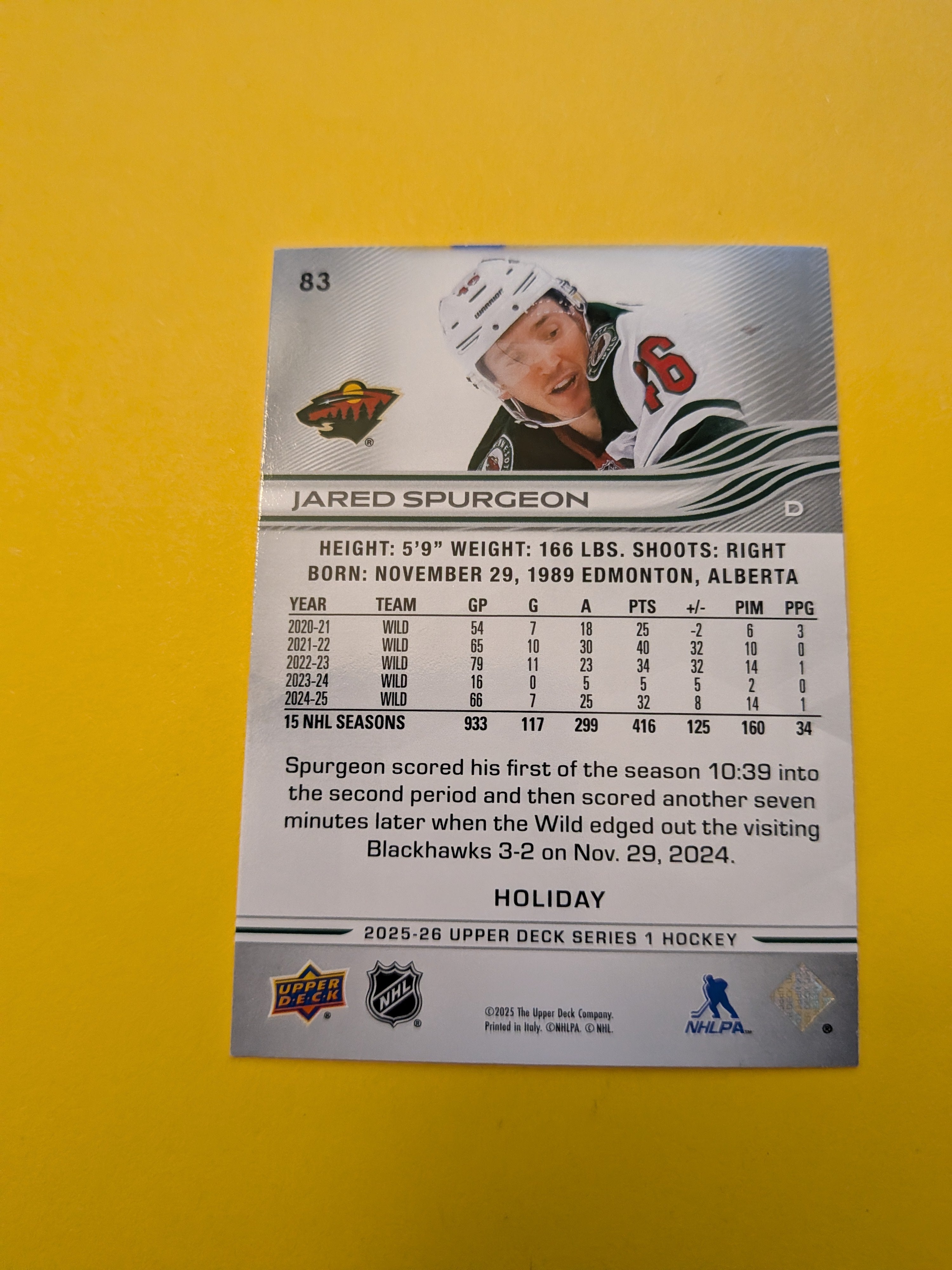 Jared Spurgeon 25-26 Upper Deck Green Holiday Card