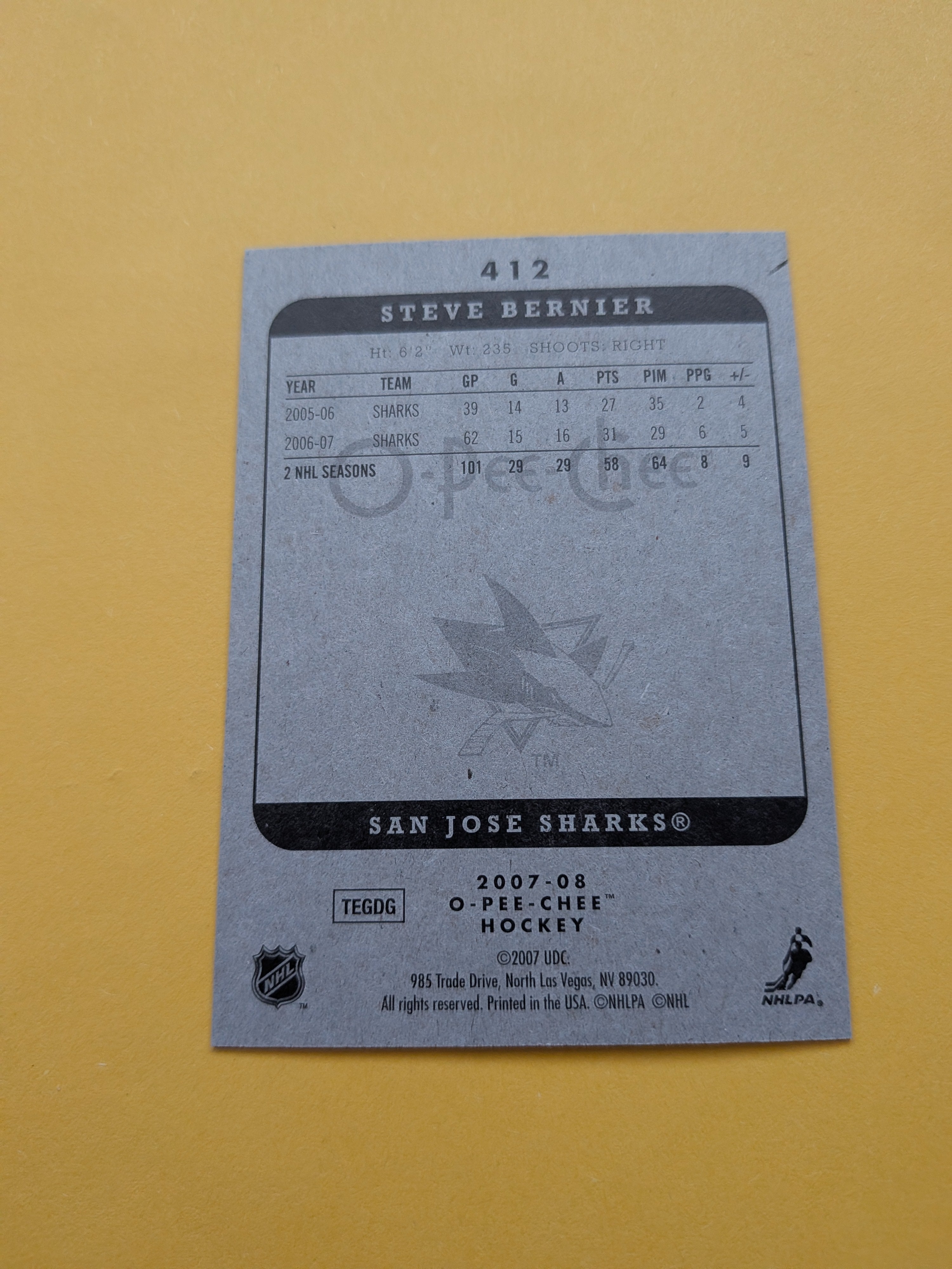 Steve Bernier Signed San Jose Sharks Card C