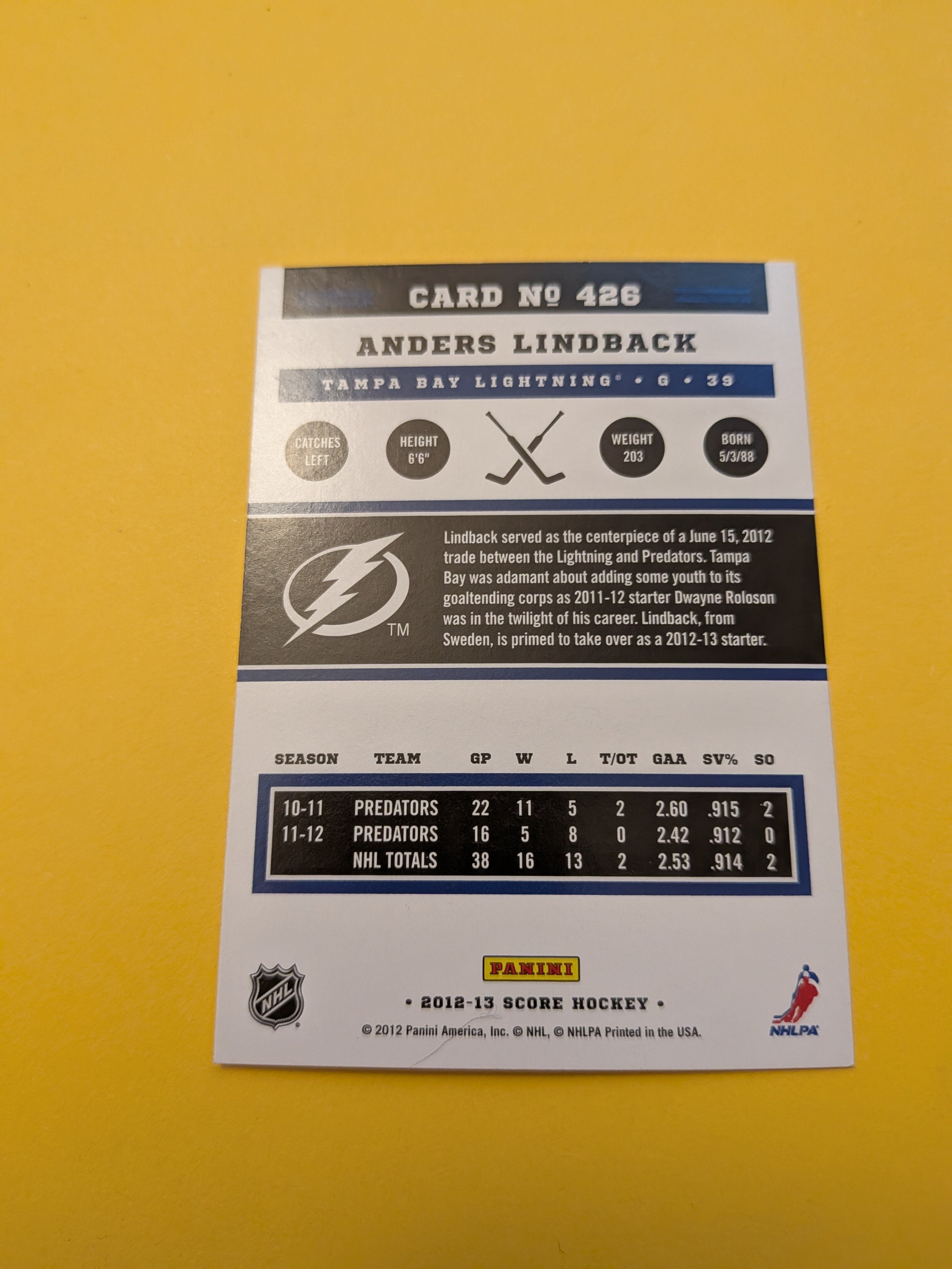 Anders Lindback Signed Nashville Predators Card D