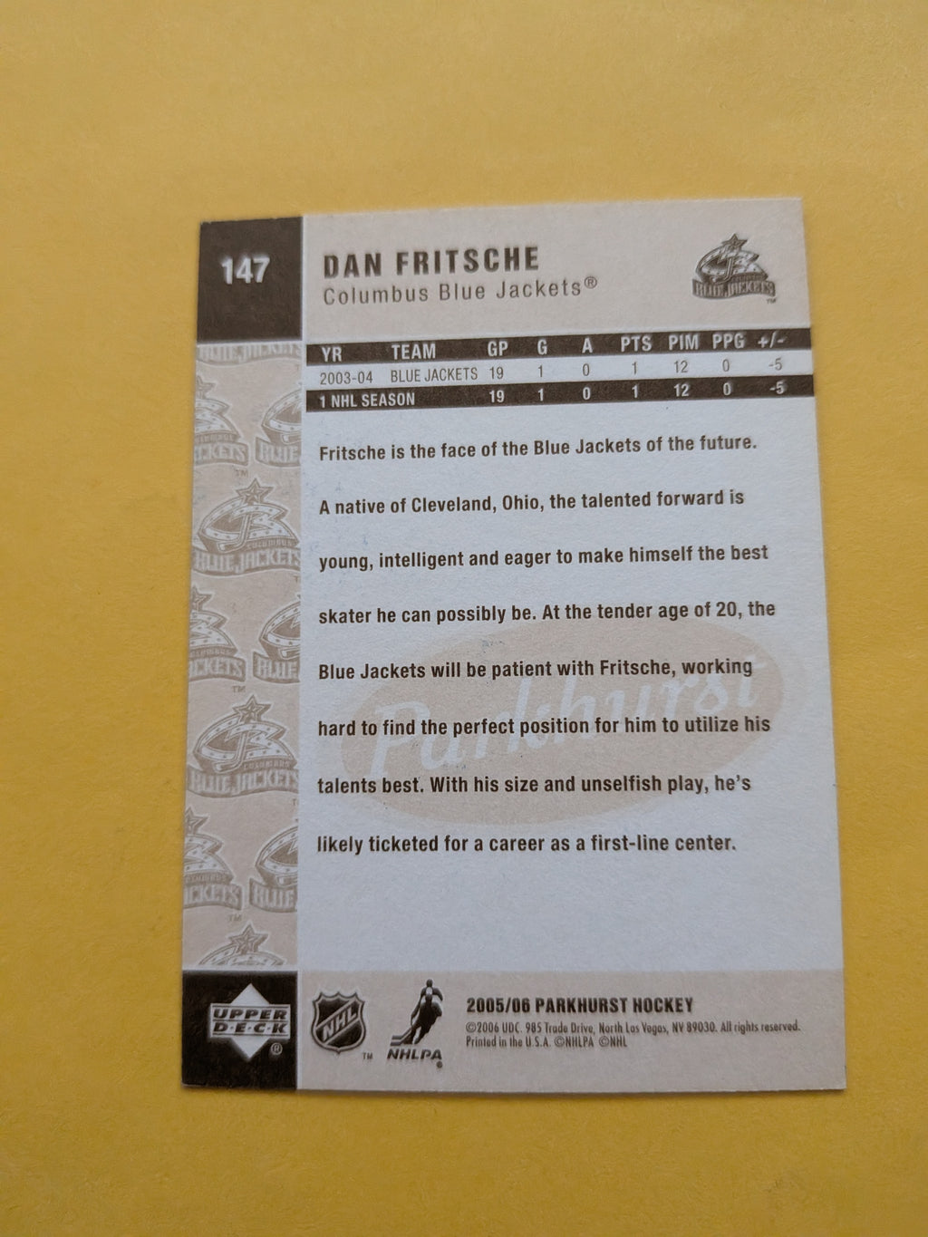 Dan Fritsche Signed Columbus Blue Jackets Rookie Card B