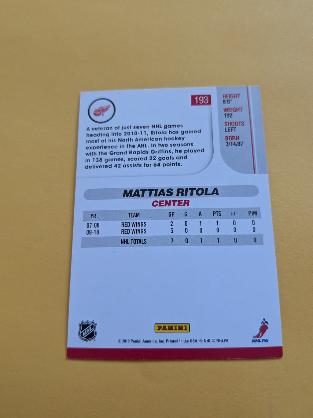 Mattias Ritola Signed Detroit Red Wings Card A