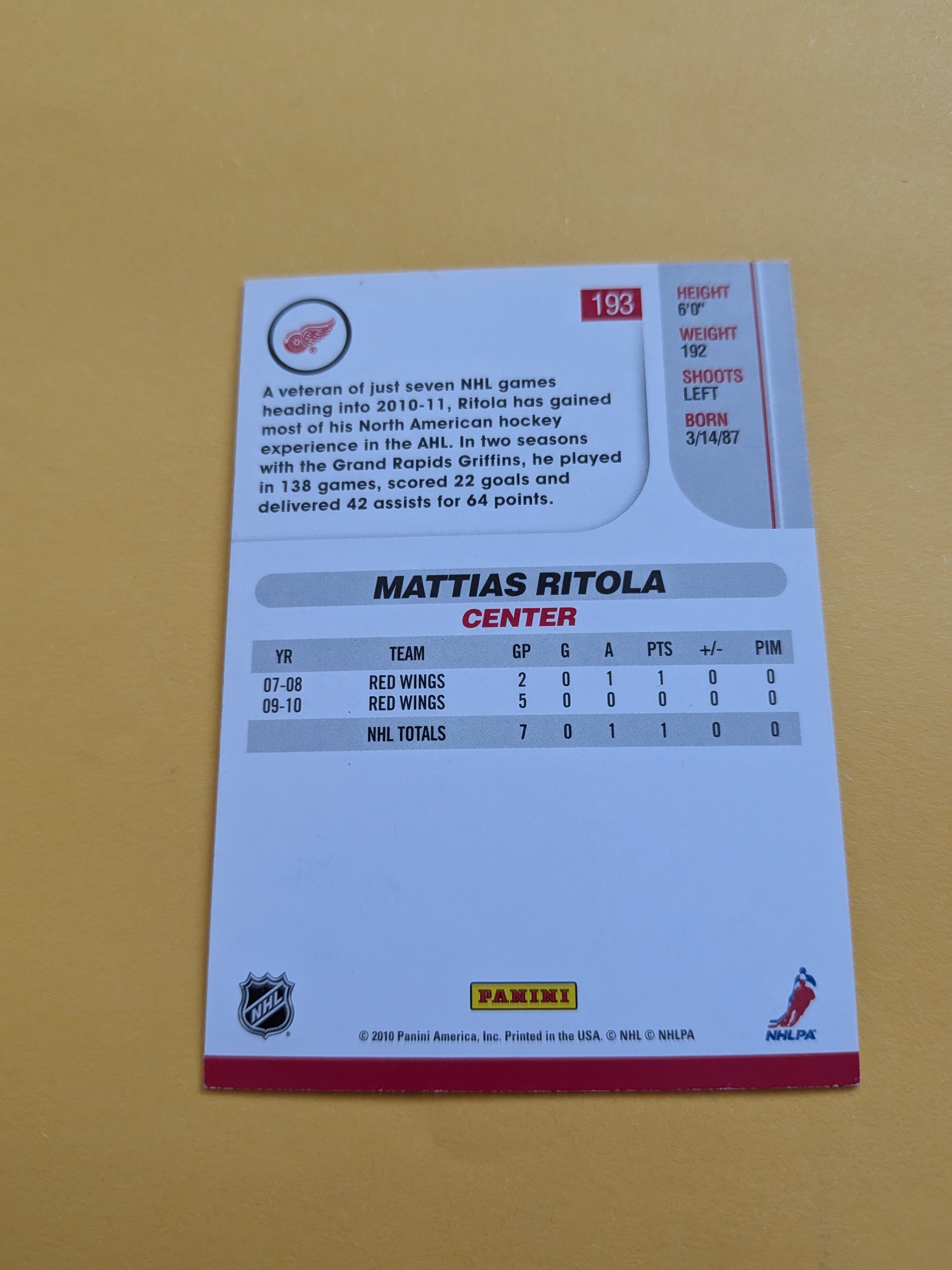Mattias Ritola Signed Detroit Red Wings Card A