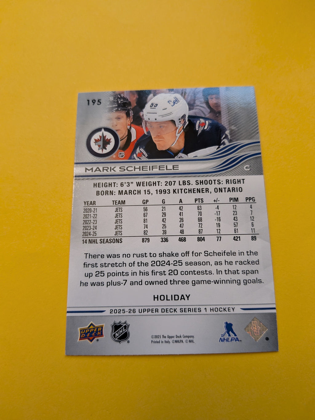 Mark Scheifele 25-26 Upper Deck Green Holiday Card