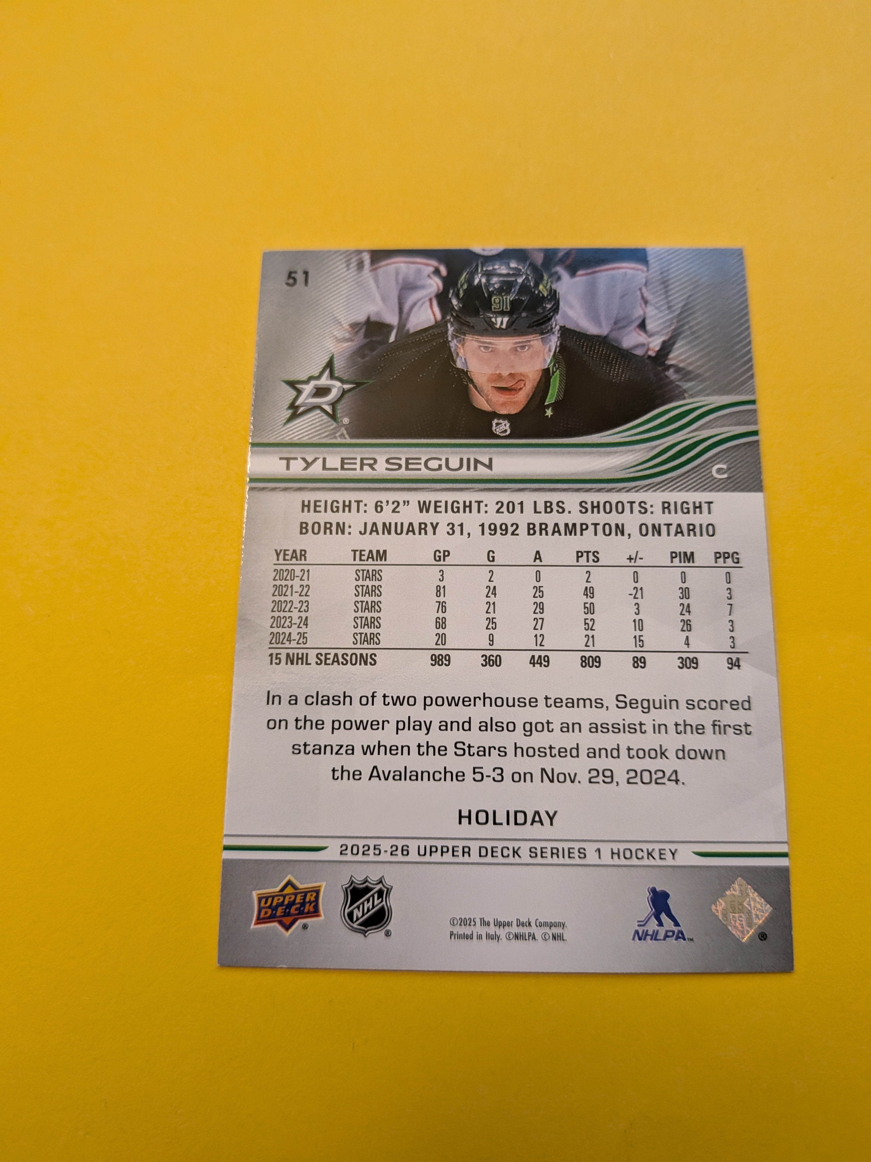 Tyler Seguin 25-26 Upper Deck Green Holiday Card