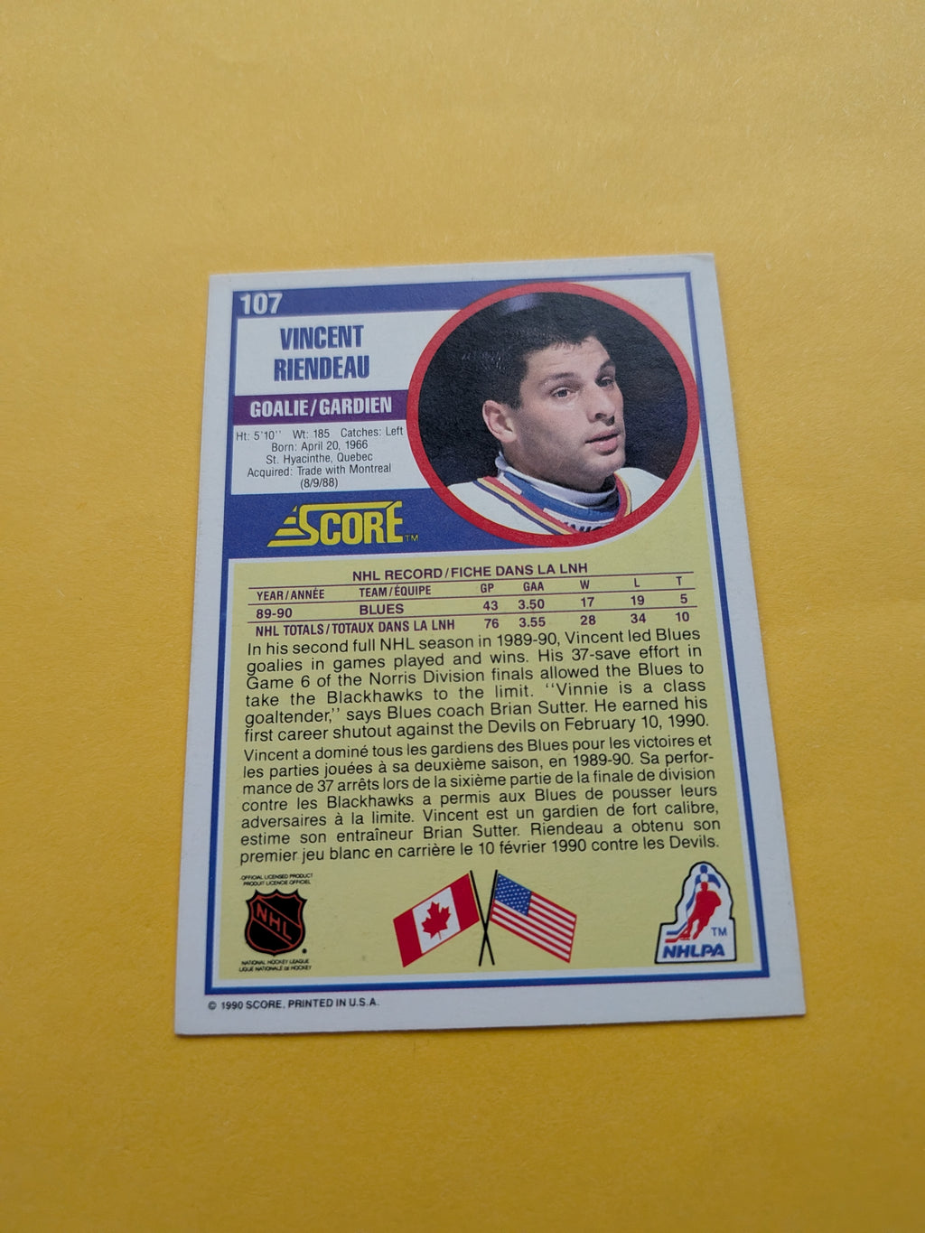 Vincent Riendeau Signed St. Louis Blues Card A