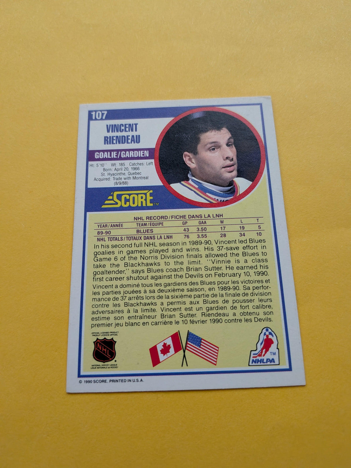 Vincent Riendeau Signed St. Louis Blues Card A