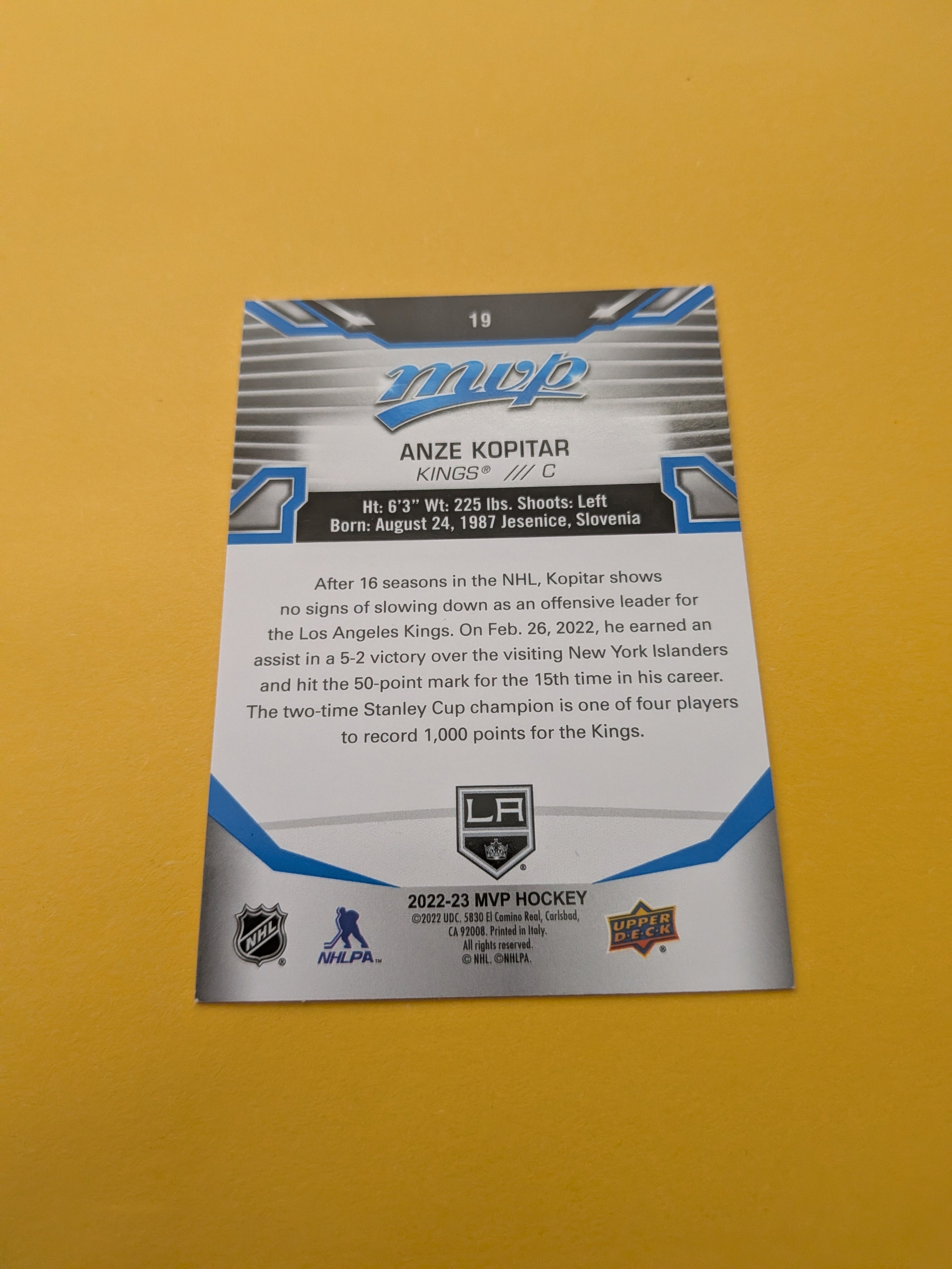 Anze Kopitar 22-23 UD MVP Blue Script Factory Set Parallel Card