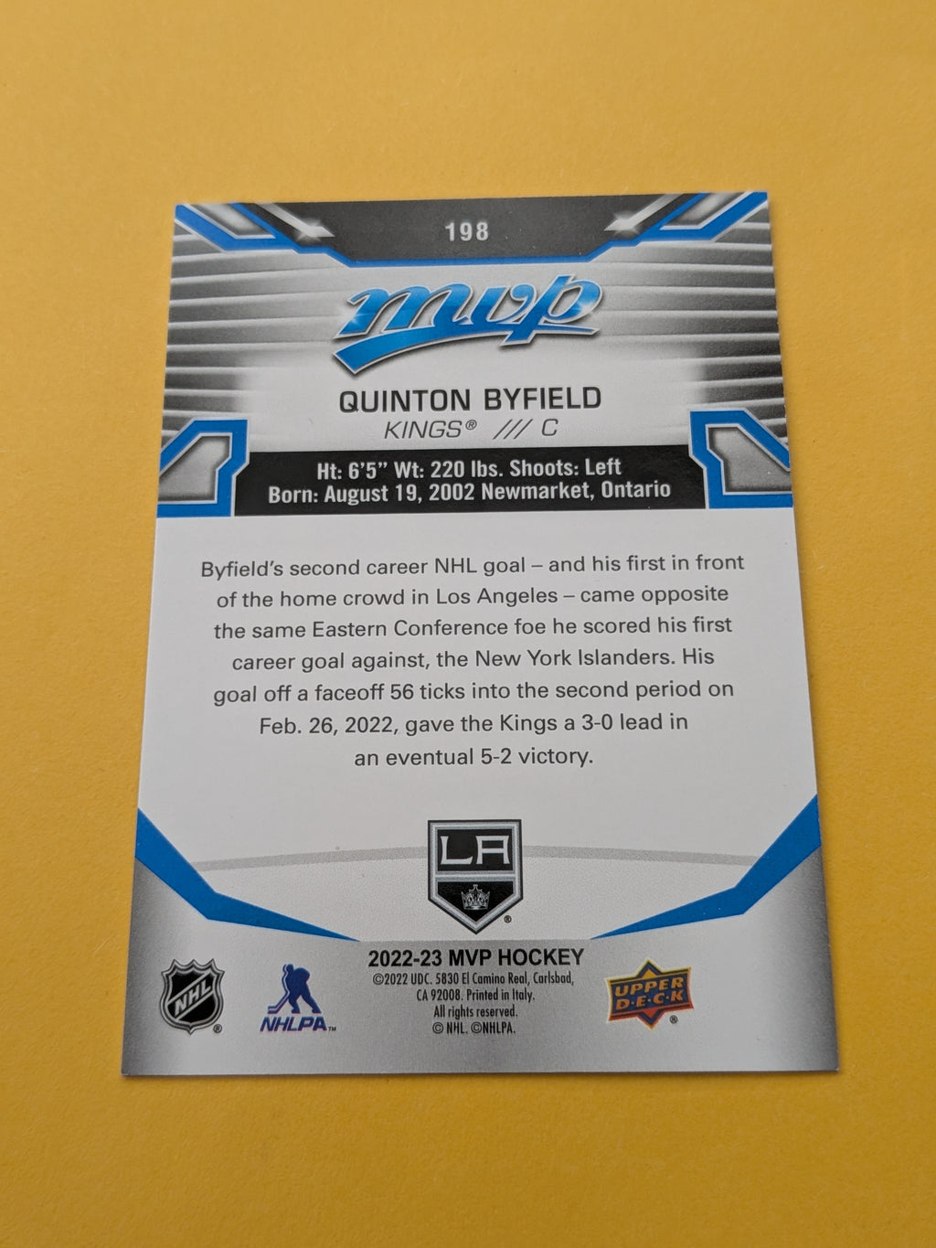 Quinton Byfield 22-23 UD MVP Blue Script Factory Set Parallel Card