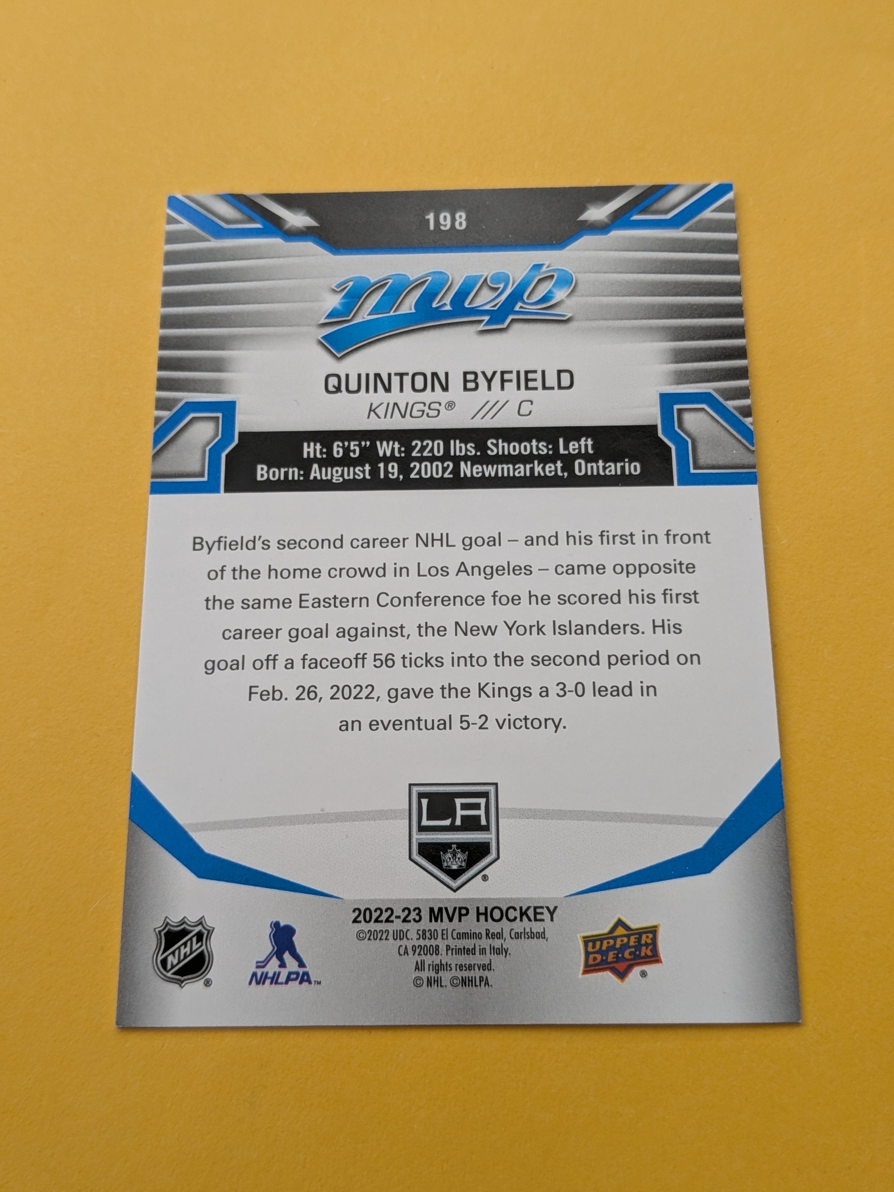 Quinton Byfield 22-23 UD MVP Blue Script Factory Set Parallel Card